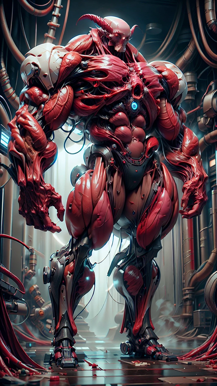 Cinematic, clear facial features and insanely detailed, the image captures the essence of (1 girl), (megan fox:1.25), (long red hair), (carnage skinless physique:1.25), (1 super muscular undead skinless succubus with gigantic horns:1.25), (covered in red necrotic rotting skinless muscle:1.25), (exposed muscles & veins everywhere:1.25), (perfect fingers:1.25) (full body pose:1.25). The color grading is beautifully done, enhancing the overall cinematic feel. Unreal Engine makes her appearance even more mesmerizing. With depth of field (DOF), every detail is focused and accentuated, drawing attention to her eyes and hair. Peak image resolution utilizing super-resolution technology ensures pixel perfection. Cinematic lighting enhances her aura, while anti-aliasing techniques like FXAA and TXAA keep the edges smooth and clean. Adding realism to the muscular bio-mecha succubus , RTX technology enables ray tracing. Additionally, SSAO (Screen Space Ambient Occlusion) gives depth and realism to the scene, the girl's presence even more convincing. In the post-processing and post-production stages, tone mapping enhances the colors, creating a captivating visual experience. The integration of CGI (Computer-Generated Imagery) and VFX (Visual Effects brings out her demonic features seamlessly . Incredible level of detail, with intricate elements meticulously crafted, the artwork hyper maximalist and hyper-realistic. Volumetric effects add depth and dimension, with unparalleled photorealism. 8k resolution rendering ensures super detailed visuals. The volumetric lighting adds a touch of magic, highlighting her beauty and aura in an otherworldly way. High Dynamic Range (HDR) tech makes the colors pop, adding richness to the overall composition. Ultimately, this artwork presents an unreal, yet stunningly real portrayal of an incredibly beautiful bio-mecha succubus girl. The sharp focus ensures that every feature is crisply defined, creating a captivating presence. (girl face:1.45)