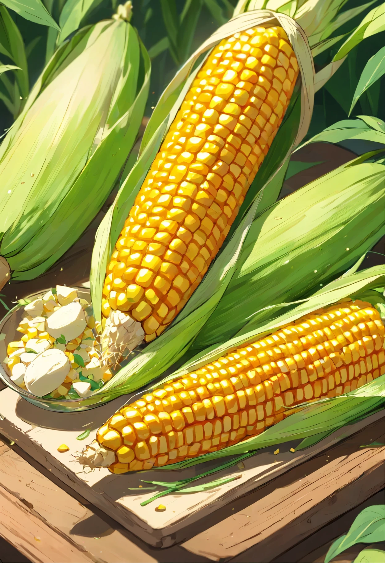 beautifully arranged corn on a table,delicate stems with tender tips,crisp and fresh,artistic presentation,naturally vibrant colors,(best quality,4k,8k,highres,masterpiece:1.2),ultra-detailed,realistic:1.37,close-up details,textured green shoots,studio lighting,subtle shadows,aesthetic appeal,culinary inspiration,wholesome and healthy,