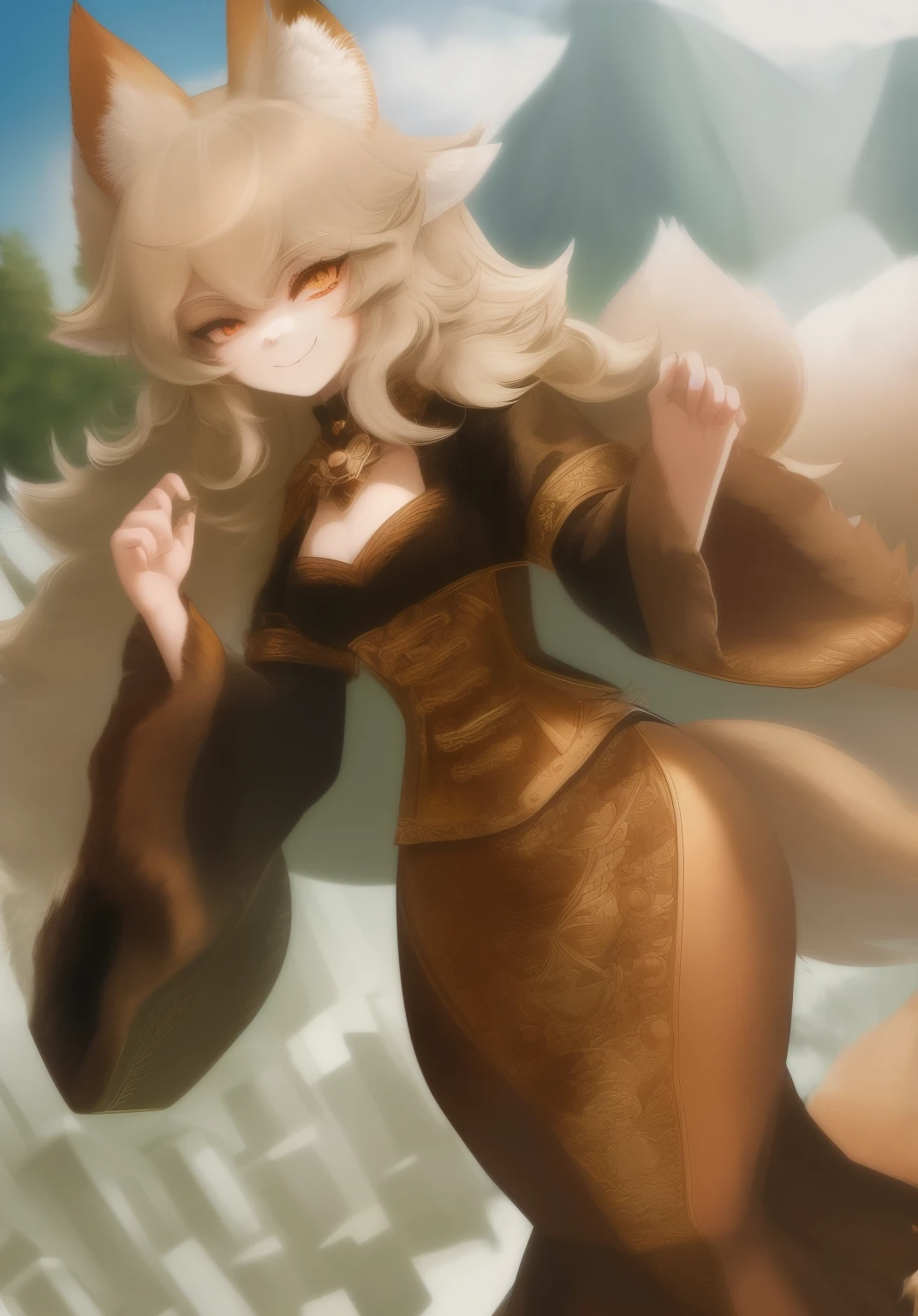 Best quality, Super detailed illustration, (anthro girl fox:1.4), high, stately, fluffy fur, disheveled thick hair, bandit clothing in the Middle Ages, smug smile, half-closed eyes ,small waist, wide hips, slim, perfect body, style &quot;DND&quot;, I&#39;m god here! to her ,nobody, nothing will be hidden from my eyes