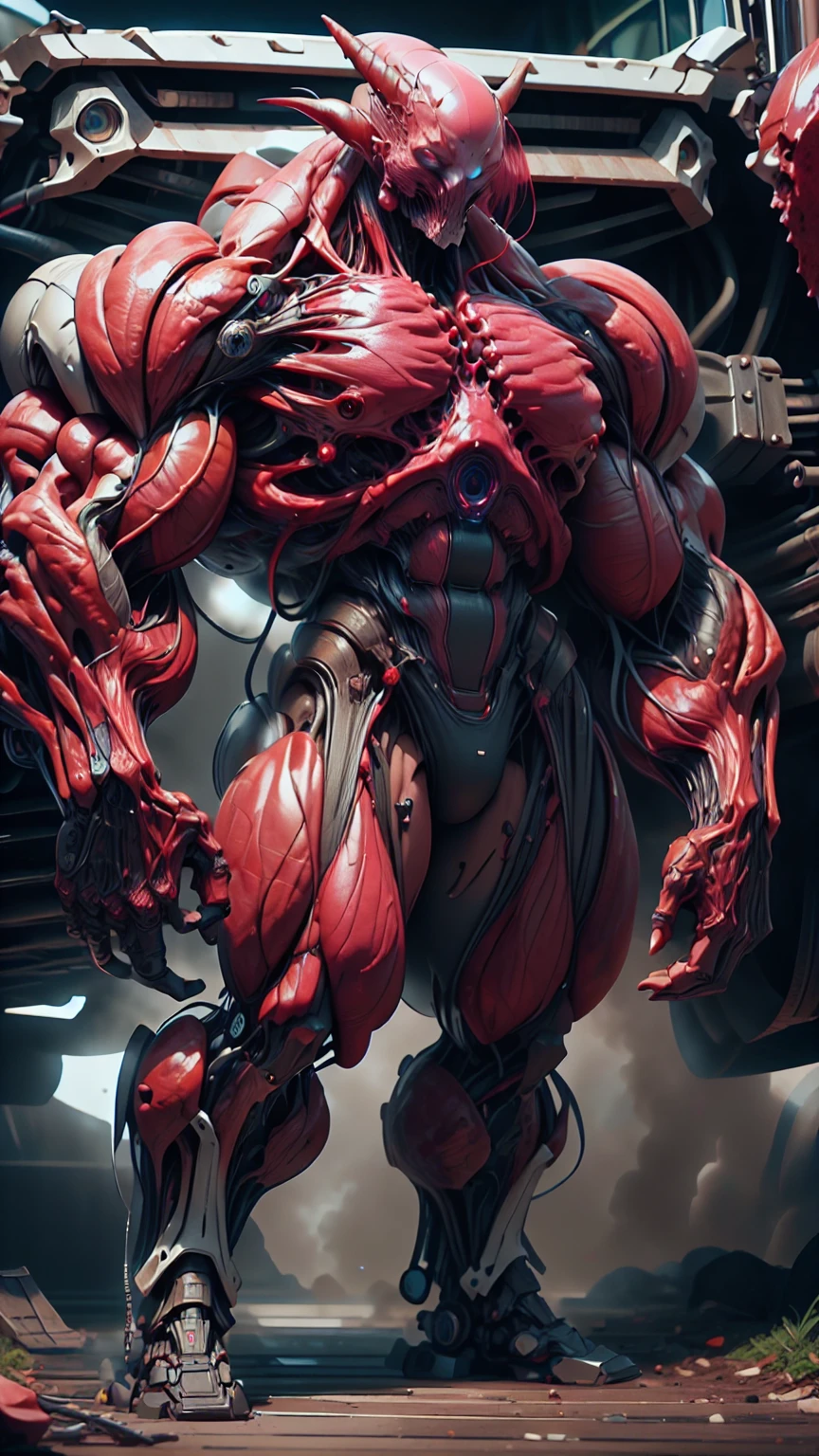 Cinematic, clear facial features and insanely detailed, the image captures the essence of (1 girl), (megan fox:1.25), (long red hair), (carnage skinless physique:1.25), (1 super muscular undead skinless succubus with gigantic horns:1.25), (covered in red necrotic rotting skinless muscle:1.25), (exposed muscles & veins everywhere:1.25), (perfect fingers:1.25) (full body pose:1.25). The color grading is beautifully done, enhancing the overall cinematic feel. Unreal Engine makes her appearance even more mesmerizing. With depth of field (DOF), every detail is focused and accentuated, drawing attention to her eyes and hair. Peak image resolution utilizing super-resolution technology ensures pixel perfection. Cinematic lighting enhances her aura, while anti-aliasing techniques like FXAA and TXAA keep the edges smooth and clean. Adding realism to the muscular bio-mecha succubus , RTX technology enables ray tracing. Additionally, SSAO (Screen Space Ambient Occlusion) gives depth and realism to the scene, the girl's presence even more convincing. In the post-processing and post-production stages, tone mapping enhances the colors, creating a captivating visual experience. The integration of CGI (Computer-Generated Imagery) and VFX (Visual Effects brings out her demonic features seamlessly . Icredible level of detail, with intricate elements meticulously crafted, the artwork hyper maximalist and hyper-realistic. Volumetric effects add depth and dimension, with unparalleled photorealism. 8k resolution rendering ensures super detailed visuals. The volumetric lighting adds a touch of magic, highlighting her beauty and aura in an otherworldly way. High Dynamic Range (HDR) tech makes the colors pop, adding richness to the overall composition. Ultimately, this artwork presents an unreal, yet stunningly real portrayal of an incredibly beautiful bio-mecha succubus girl. The sharp focus ensures that every feature is crisply defined, creating a captivating presence.