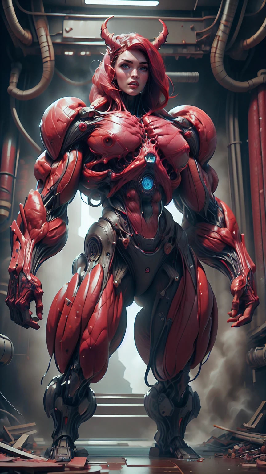 Cinematic, clear facial features and insanely detailed, the image captures the essence of (1 girl), (megan fox:1.25), (long red hair), (carnage skinless physique:1.25), (1 super muscular undead skinless succubus with gigantic horns:1.25), (covered in red necrotic rotting skinless muscle:1.25), (exposed muscles & veins everywhere:1.25), (perfect fingers:1.25) (full body pose:1.25). The color grading is beautifully done, enhancing the overall cinematic feel. Unreal Engine makes her appearance even more mesmerizing. With depth of field (DOF), every detail is focused and accentuated, drawing attention to her eyes and hair. Peak image resolution utilizing super-resolution technology ensures pixel perfection. Cinematic lighting enhances her aura, while anti-aliasing techniques like FXAA and TXAA keep the edges smooth and clean. Adding realism to the muscular bio-mecha succubus , RTX technology enables ray tracing. Additionally, SSAO (Screen Space Ambient Occlusion) gives depth and realism to the scene, the girl's presence even more convincing. In the post-processing and post-production stages, tone mapping enhances the colors, creating a captivating visual experience. The integration of CGI (Computer-Generated Imagery) and VFX (Visual Effects brings out her demonic features seamlessly . Icredible level of detail, with intricate elements meticulously crafted, the artwork hyper maximalist and hyper-realistic. Volumetric effects add depth and dimension, with unparalleled photorealism. 8k resolution rendering ensures super detailed visuals. The volumetric lighting adds a touch of magic, highlighting her beauty and aura in an otherworldly way. High Dynamic Range (HDR) tech makes the colors pop, adding richness to the overall composition. Ultimately, this artwork presents an unreal, yet stunningly real portrayal of an incredibly beautiful bio-mecha succubus girl. The sharp focus ensures that every feature is crisply defined, creating a captivating presence.