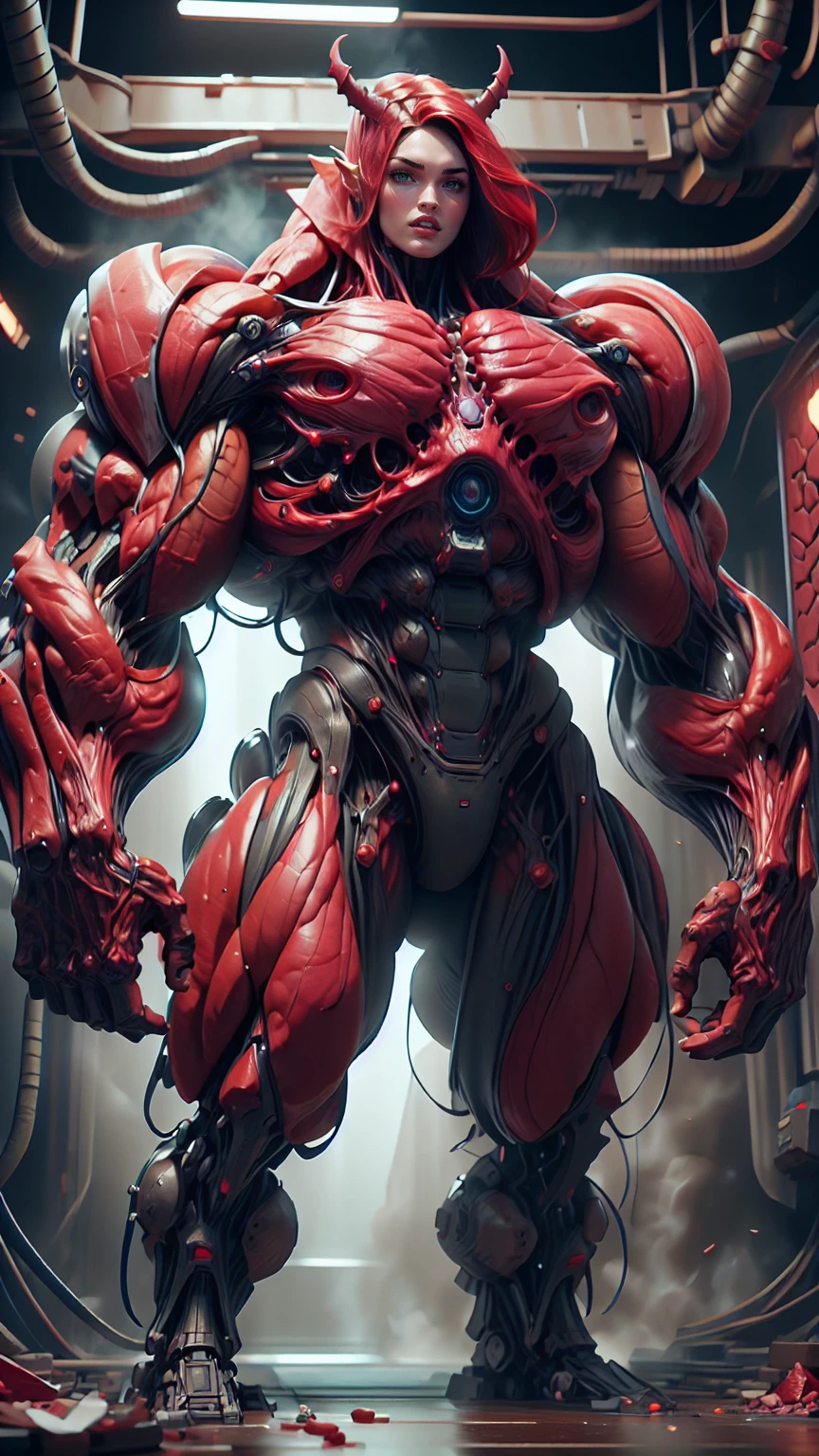 Cinematic, clear facial features and insanely detailed, the image captures the essence of (1 girl), (megan fox:1.25), (long red hair), (carnage skinless physique:1.25), (1 super muscular undead skinless succubus with gigantic horns:1.25), (covered in red necrotic rotting skinless muscle:1.25), (exposed muscles & veins everywhere:1.25), (perfect fingers:1.25) (full body pose:1.25). The color grading is beautifully done, enhancing the overall cinematic feel. Unreal Engine makes her appearance even more mesmerizing. With depth of field (DOF), every detail is focused and accentuated, drawing attention to her eyes and hair. Peak image resolution utilizing super-resolution technology ensures pixel perfection. Cinematic lighting enhances her aura, while anti-aliasing techniques like FXAA and TXAA keep the edges smooth and clean. Adding realism to the muscular bio-mecha succubus , RTX technology enables ray tracing. Additionally, SSAO (Screen Space Ambient Occlusion) gives depth and realism to the scene, the girl's presence even more convincing. In the post-processing and post-production stages, tone mapping enhances the colors, creating a captivating visual experience. The integration of CGI (Computer-Generated Imagery) and VFX (Visual Effects brings out her demonic features seamlessly . Icredible level of detail, with intricate elements meticulously crafted, the artwork hyper maximalist and hyper-realistic. Volumetric effects add depth and dimension, with unparalleled photorealism. 8k resolution rendering ensures super detailed visuals. The volumetric lighting adds a touch of magic, highlighting her beauty and aura in an otherworldly way. High Dynamic Range (HDR) tech makes the colors pop, adding richness to the overall composition. Ultimately, this artwork presents an unreal, yet stunningly real portrayal of an incredibly beautiful bio-mecha succubus girl. The sharp focus ensures that every feature is crisply defined, creating a captivating presence.