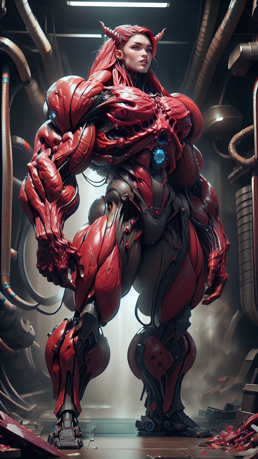 Cinematic, clear facial features and insanely detailed, the image captures the essence of (1 girl), (megan fox:1.25), (long red hair), (carnage skinless physique:1.25), (1 super muscular undead skinless succubus with gigantic horns:1.25), (covered in red necrotic rotting skinless muscle:1.25), (exposed muscles & veins everywhere:1.25), (perfect fingers:1.25) (full body pose:1.25). The color grading is beautifully done, enhancing the overall cinematic feel. Unreal Engine makes her appearance even more mesmerizing. With depth of field (DOF), every detail is focused and accentuated, drawing attention to her eyes and hair. Peak image resolution utilizing super-resolution technology ensures pixel perfection. Cinematic lighting enhances her aura, while anti-aliasing techniques like FXAA and TXAA keep the edges smooth and clean. Adding realism to the muscular bio-mecha succubus , RTX technology enables ray tracing. Additionally, SSAO (Screen Space Ambient Occlusion) gives depth and realism to the scene, the girl's presence even more convincing. In the post-processing and post-production stages, tone mapping enhances the colors, creating a captivating visual experience. The integration of CGI (Computer-Generated Imagery) and VFX (Visual Effects brings out her demonic features seamlessly . Icredible level of detail, with intricate elements meticulously crafted, the artwork hyper maximalist and hyper-realistic. Volumetric effects add depth and dimension, with unparalleled photorealism. 8k resolution rendering ensures super detailed visuals. The volumetric lighting adds a touch of magic, highlighting her beauty and aura in an otherworldly way. High Dynamic Range (HDR) tech makes the colors pop, adding richness to the overall composition. Ultimately, this artwork presents an unreal, yet stunningly real portrayal of an incredibly beautiful bio-mecha succubus girl. The sharp focus ensures that every feature is crisply defined, creating a captivating presence.