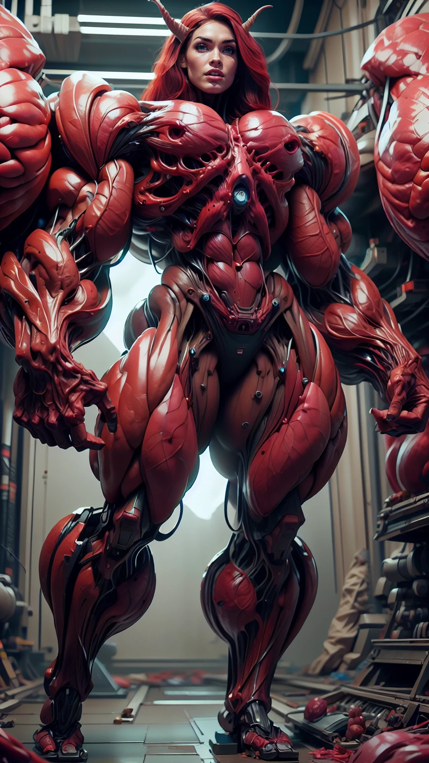 Cinematic, clear facial features and insanely detailed, the image captures the essence of (1 girl), (megan fox:1.25), (long red hair), (carnage skinless physique:1.25), (1 super muscular undead skinless succubus with gigantic horns:1.25), (covered in red necrotic rotting skinless muscle:1.25), (exposed muscles & veins everywhere:1.25), (perfect fingers:1.25) (full body pose:1.25). The color grading is beautifully done, enhancing the overall cinematic feel. Unreal Engine makes her appearance even more mesmerizing. With depth of field (DOF), every detail is focused and accentuated, drawing attention to her eyes and hair. Peak image resolution utilizing super-resolution technology ensures pixel perfection. Cinematic lighting enhances her aura, while anti-aliasing techniques like FXAA and TXAA keep the edges smooth and clean. Adding realism to the muscular bio-mecha succubus , RTX technology enables ray tracing. Additionally, SSAO (Screen Space Ambient Occlusion) gives depth and realism to the scene, the girl's presence even more convincing. In the post-processing and post-production stages, tone mapping enhances the colors, creating a captivating visual experience. The integration of CGI (Computer-Generated Imagery) and VFX (Visual Effects brings out her demonic features seamlessly . Icredible level of detail, with intricate elements meticulously crafted, the artwork hyper maximalist and hyper-realistic. Volumetric effects add depth and dimension, with unparalleled photorealism. 8k resolution rendering ensures super detailed visuals. The volumetric lighting adds a touch of magic, highlighting her beauty and aura in an otherworldly way. High Dynamic Range (HDR) tech makes the colors pop, adding richness to the overall composition. Ultimately, this artwork presents an unreal, yet stunningly real portrayal of an incredibly beautiful bio-mecha succubus girl. The sharp focus ensures that every feature is crisply defined, creating a captivating presence.