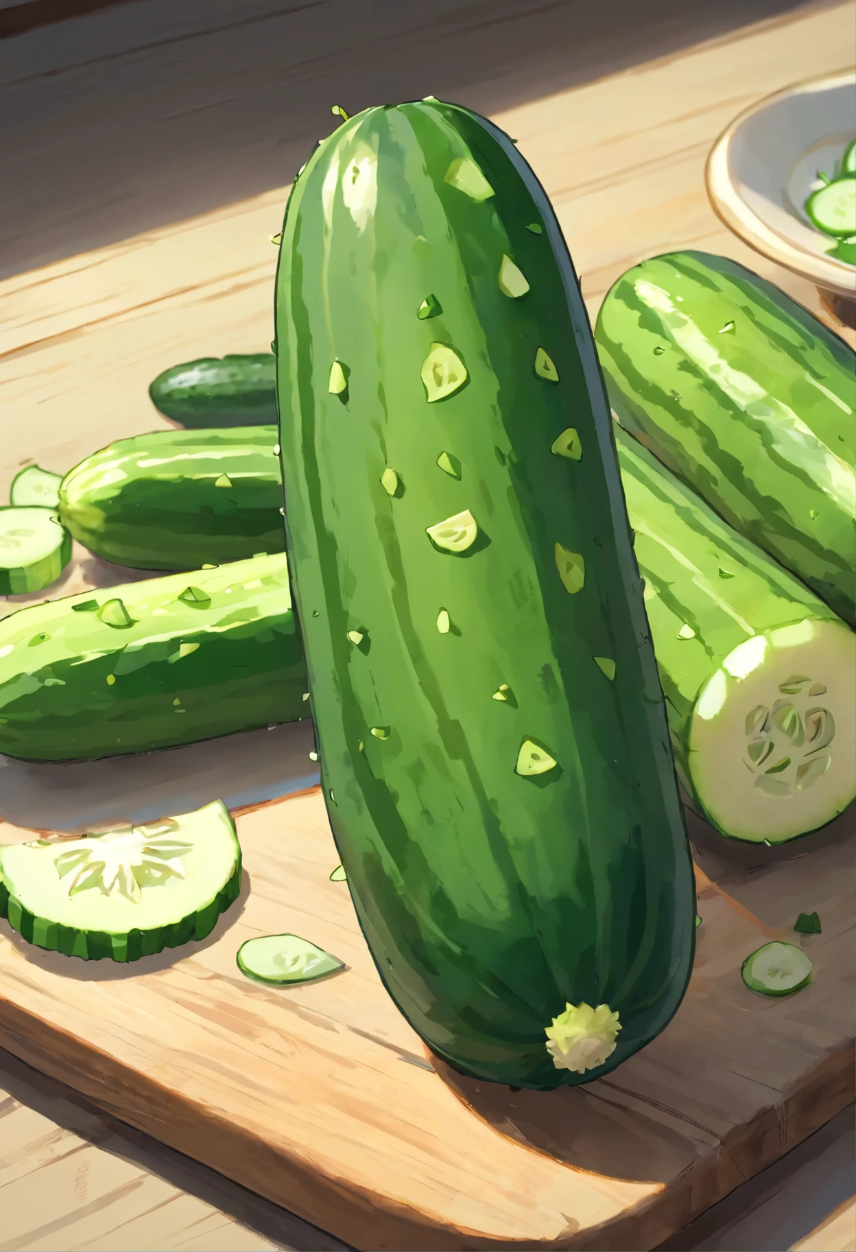 beautifully arranged cucumber on a table,delicate stems with tender tips,crisp and fresh,artistic presentation,naturally vibrant colors,(best quality,4k,8k,highres,masterpiece:1.2),ultra-detailed,realistic:1.37,close-up details,textured green shoots,studio lighting,subtle shadows,aesthetic appeal,culinary inspiration,wholesome and healthy,