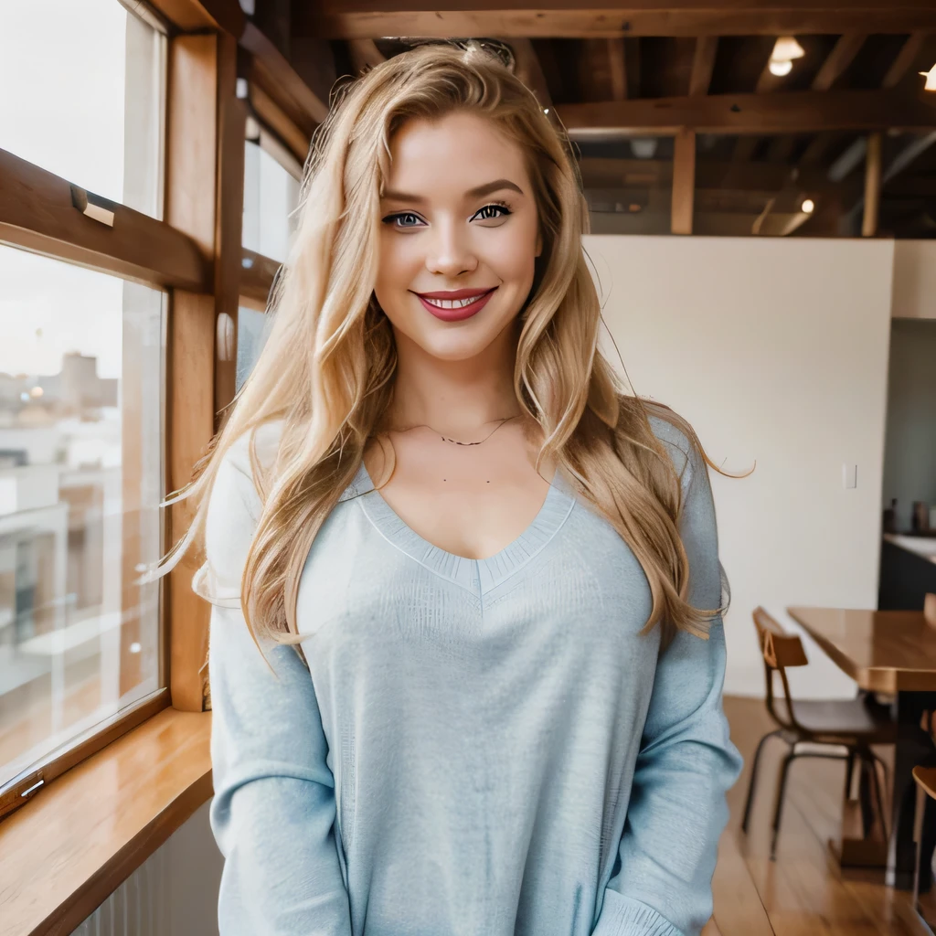 Blonde girl, 23 years old, American, caucasian, a lot of freckles, blue eyes, heart shaped face, laughing, happy, perfect teeth, bright red lipstick, eyeliner line, long blonde hair, hair a little curly, bright red lips, whole body portrait, showing off wedding ring, apron, light blue sweater, Gray sweatpants, open arms, about to hug