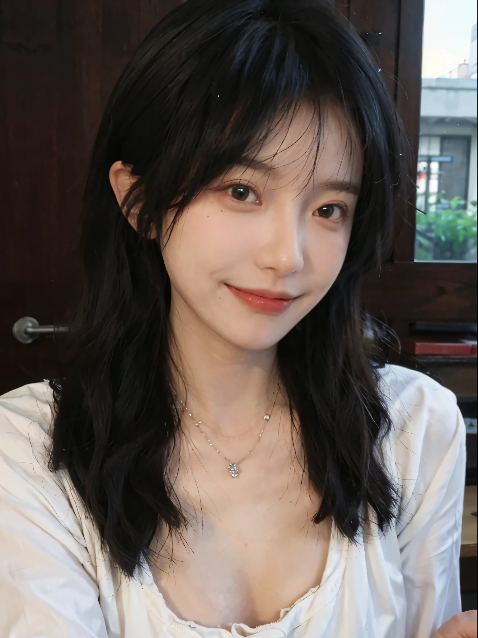 best quality, ultra high resolution, (realistically:1.4),cute hairpin,Baoyu Girl,European style apartment,(flat chest:1.2) ,A pair of clear and charming peach blossom eyes,Royal sister,The sun shines on the face,Big wavy hairstyle,(necklace:1.2),(White skin:1.4),a sense of atmosphere,a beautiful girl, Smile,looking directly at the viewer, Close-up cleavage ,(lifelike:1.4),1 girl,Sexy,(Upper body:1.4),(wet),(:1.2)