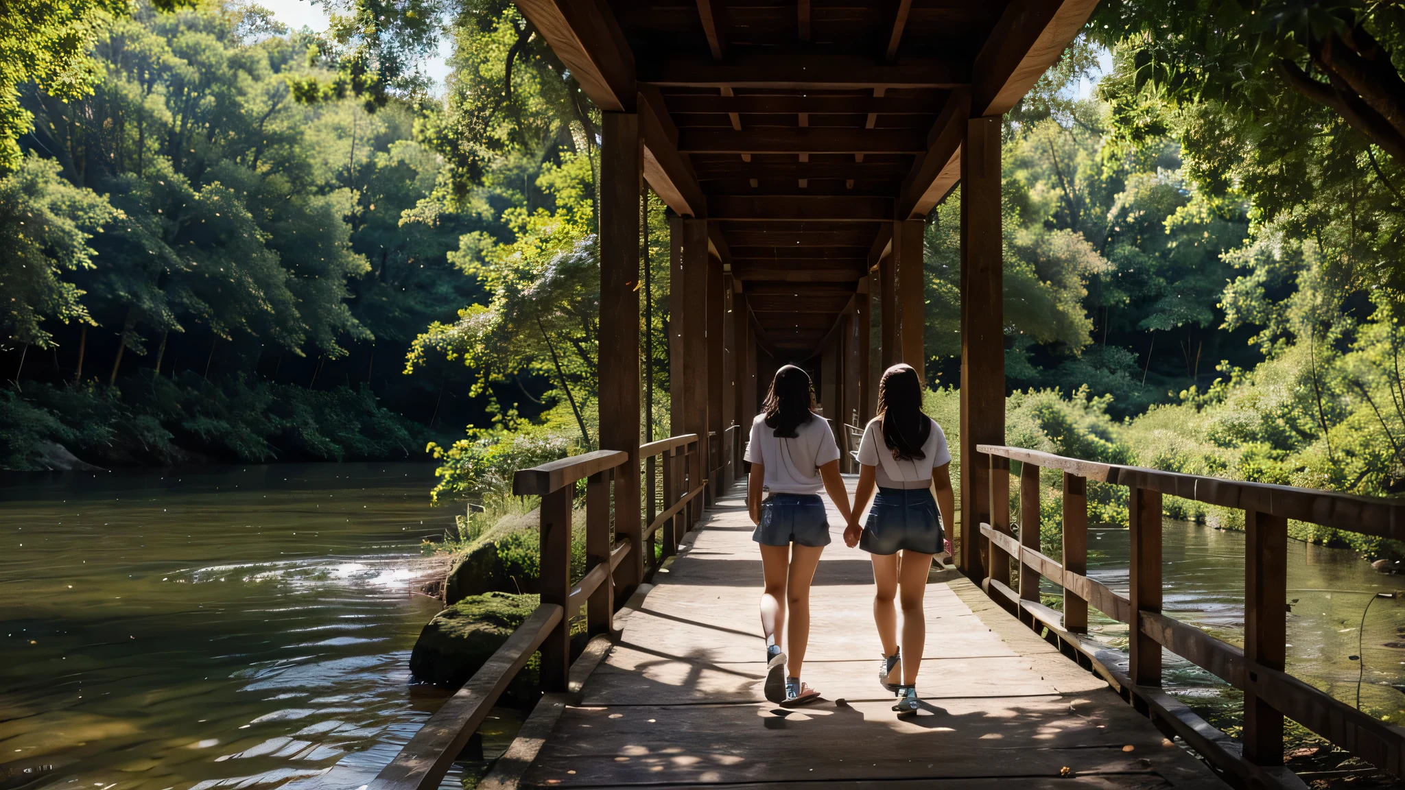 deux adolescente , passer l'afternoon walking on a high wooden bridge , under the bridges there is a river , autour c'est la forêts