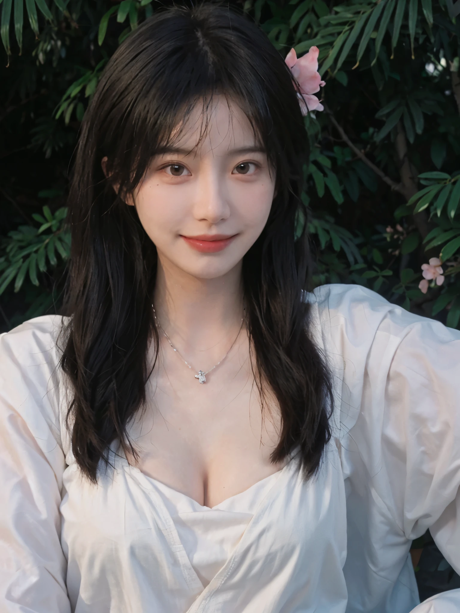 best quality， ultra high resolution， （realistically：1.4）， Baoyu Girl， A pair of clear and charming peach blossom eyes,Royal sister，The sun shines on the face，Long curly hair，（In the forest：1.4），（necklace：1.2），（White skin：1.4），（Full body female love：1.2）a sense of atmosphere，a beautiful girl， Smile，Looking directly at the viewer， Close-up cleavage ，(lifelike:1.4),1 girl,Sexy,(Upper body:1.4),(wet),(:1.2)