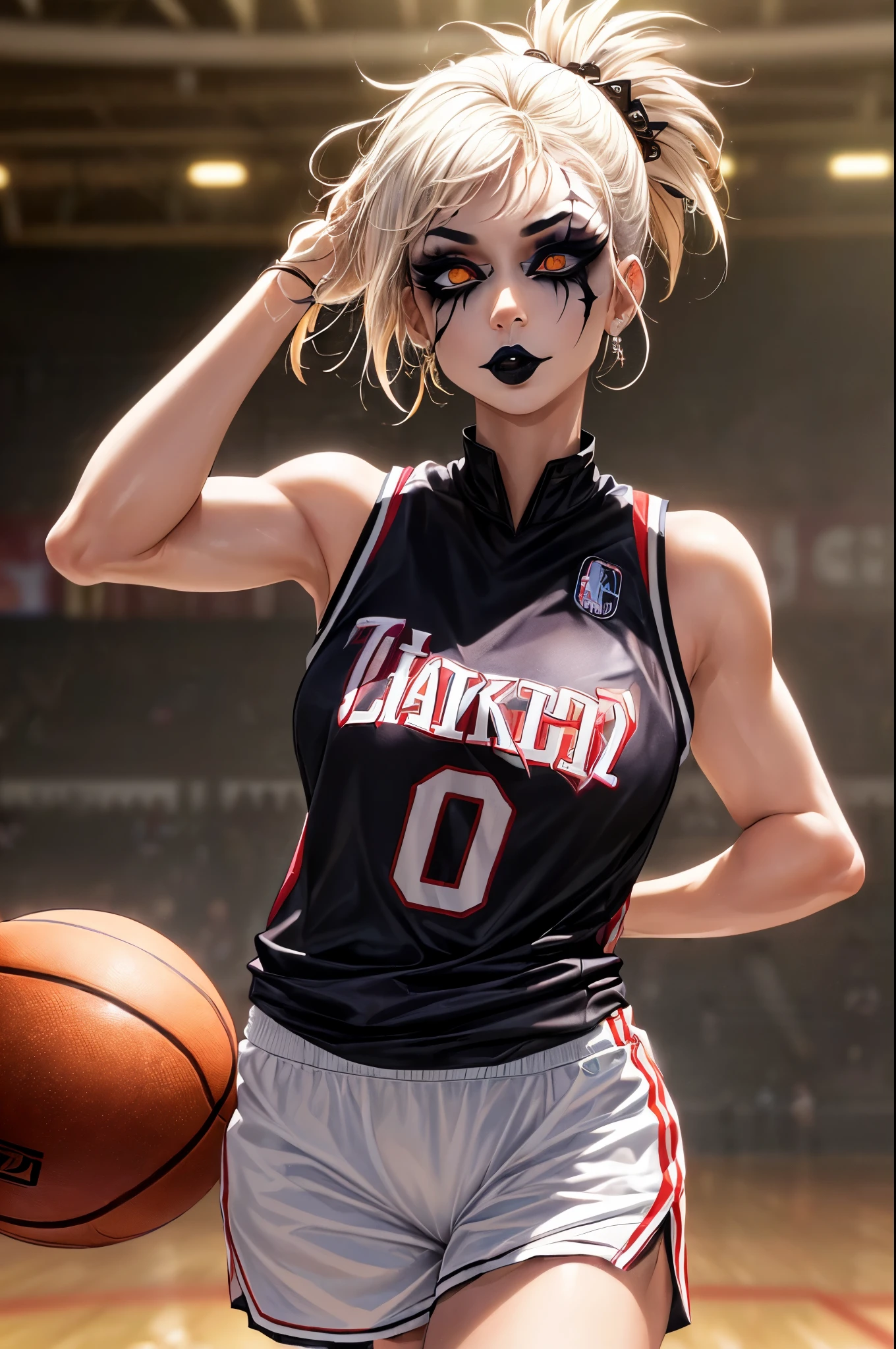 (masterpiece, best quality:1.4), ultra-detailed, soft light, natural lighting, cinematic light, film grain, (depth of field), (1woman, solo:1.4), mature woman, perfect female form, (perfect face, detailed face, glossy lips, eyeliner), short hair, white hair, (natural breasts), (Basketball uniform), ((Goth girl)), ((Punk girl)), (Basketball clothing)), hardcore punk girl, (standing), (((Basketball))), (((Goth makeup))), punk makeup, perfect details, perfect eyes