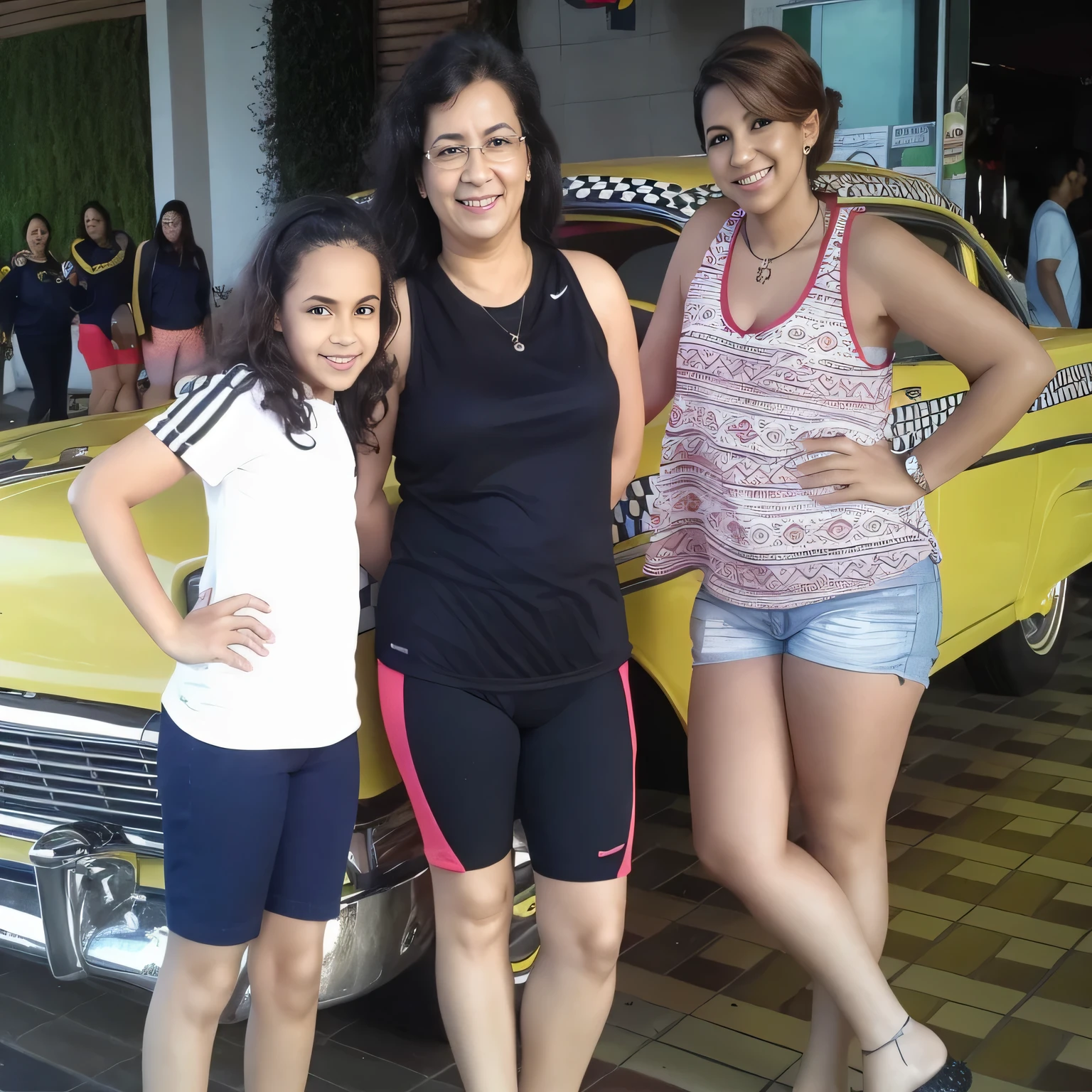 three women standing next to a yellow car in a parking lot, standing in front of lowrider, family photo, clear photo, alta qualidade, high resolution, obra-prima, 8K.