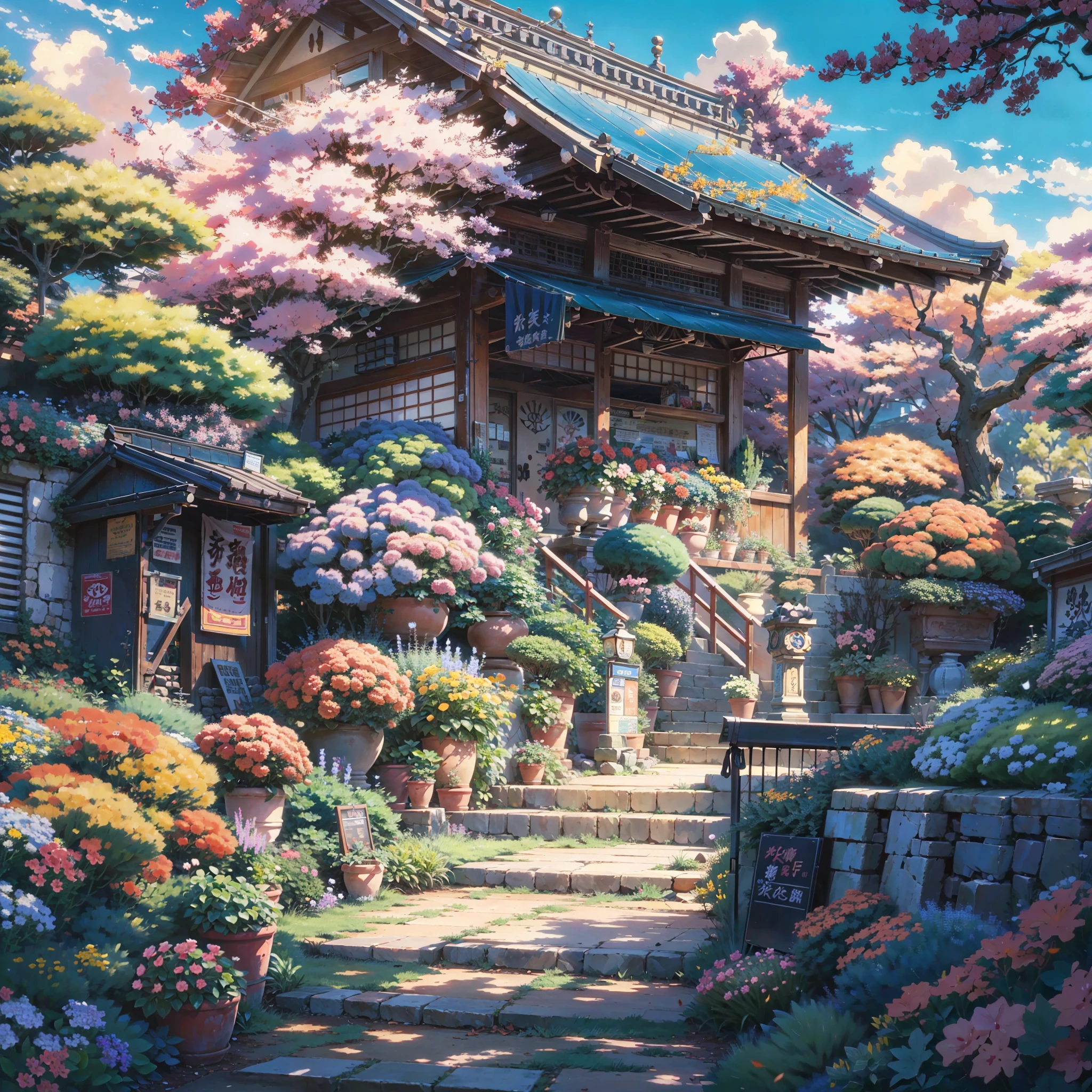 there is a painting of a garden with a bench and a building, detailed painting 4 k, highly detailed digital painting, digital painting highly detailed, very detailed digital painting, detailed 4 k painting, , detailed digital painting, anime background art, beautiful digital painting, highly detailed 4 k painting, beautiful anime scene, japan, (no one: 1), colorful anime movie background, beautiful anime scenery, beautiful anime scene, anime scenery, anime art wallpaper 8 k, tokyo anime scene, anime art wallpaper 4k, anime art wallpaper 4 k, anime scenery concept art,
