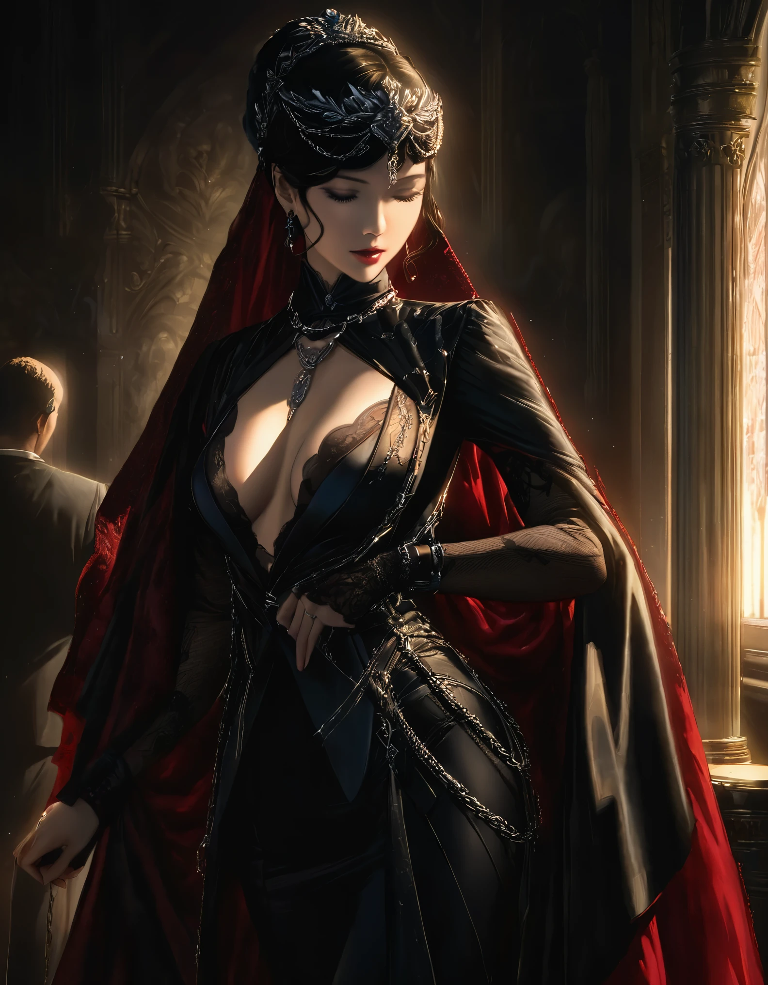 (Beautifully dressed mistress and humble male slave:1.8), condescending, Fixing collars for male slaves, An exquisite iron ring symbolizing slave status, iron ring with chain, Put it around the slave's neck, Conceptual art, high detail, Art Deco, Romanticism, cinematic lighting, backlighting, UHD, anatomically correct, masterpiece, textured skin, high quality, best quality, high details, 16k