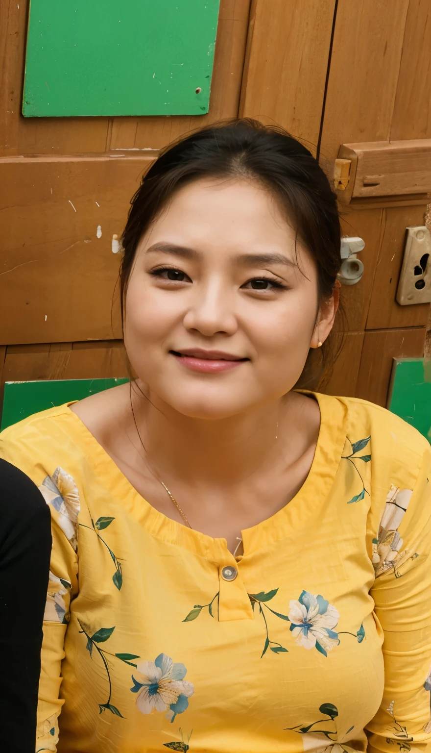 40-year-old woman, Obese, Big Size, Round face, Double chin, Overweight,Fluffy shoulder-length short hair , White Dress,She is leaning her weight on her stomach and looking at the camera,smile、
