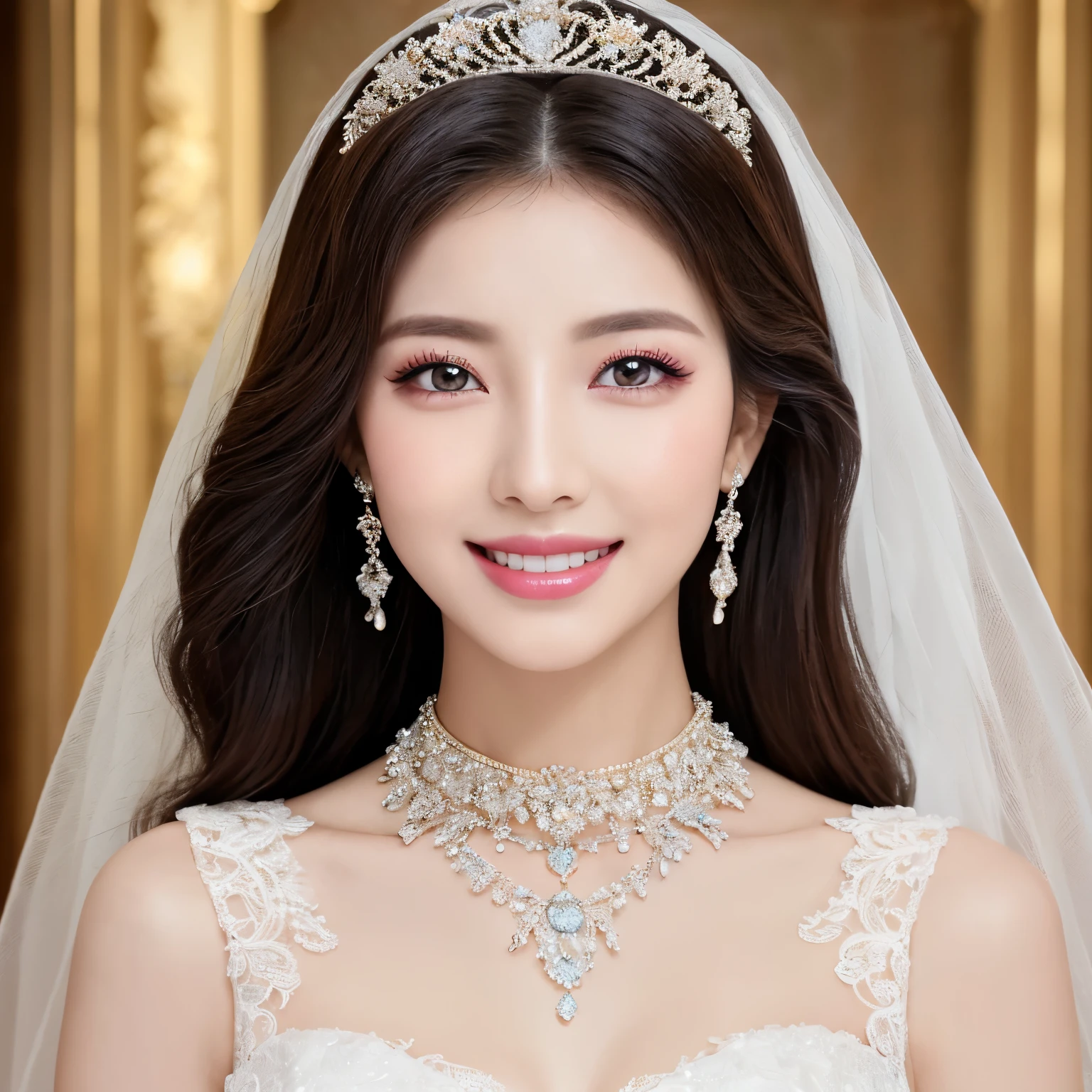 (highest quality、table top、8K、best image quality、Award-winning work)、one beautiful bride、(alone:1.1)、(The most extravagant and finest huge wedding dresses:1.1)、(perfect wedding lace:1.2)、(The most luxurious and finest giant tiara:1.1)、(The most luxurious and finest giant necklace:1.1)、look at me with your best smile、Blurred luxury whitechapel background、Large quantity of finest jewelry ornaments、(upper body photo:1.1)、perfect makeup、long eyelashes、Super high-definition sparkling eyes、ultra high definition hair、ultra high resolution glossy lips、Super high resolution perfect teeth、Beautiful face in super high resolution、(accurate anatomy:1.1)、(Beautiful skin that shines very brightly:1.2)、(very bright and vivid:1.2)