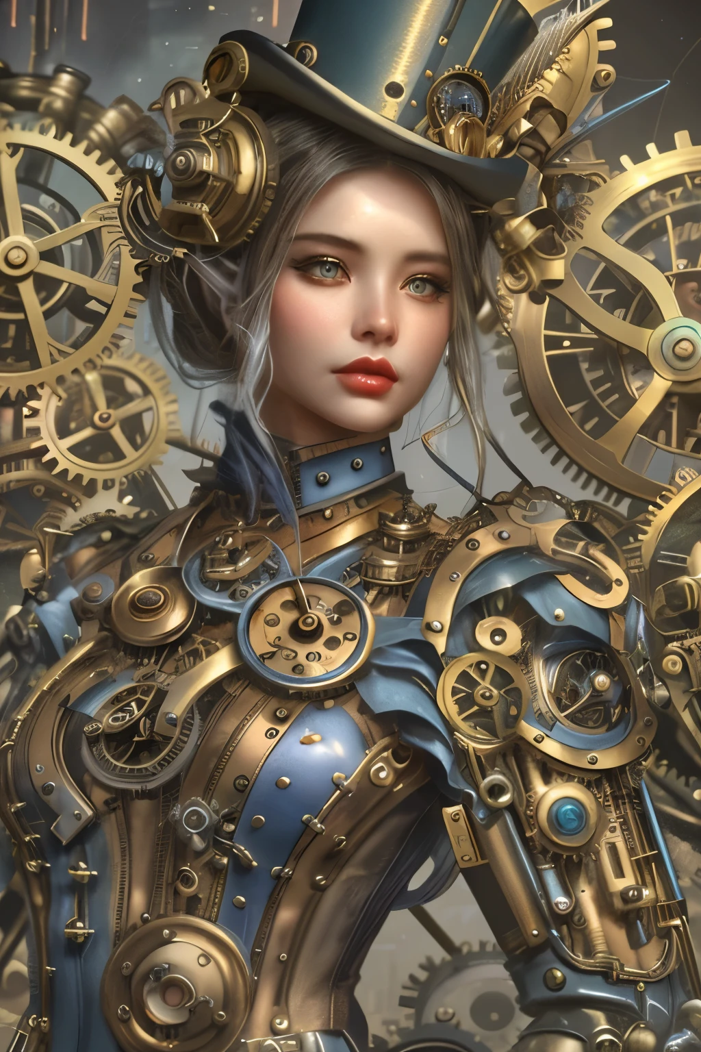 there is a woman in a steam punk outfit with a top hat, portrait of a mechanical girl, steampunk digital art, steampunk beautiful anime woman, a steampunk beautiful goddess, digital steampunk art, cyber steampunk 8 k 3 d, steampunk girl, clockwork woman, young girl in steampunk clothes, steampunk fantasy style, karol bak uhd, steampunk inventor girl, cyborg noble woman