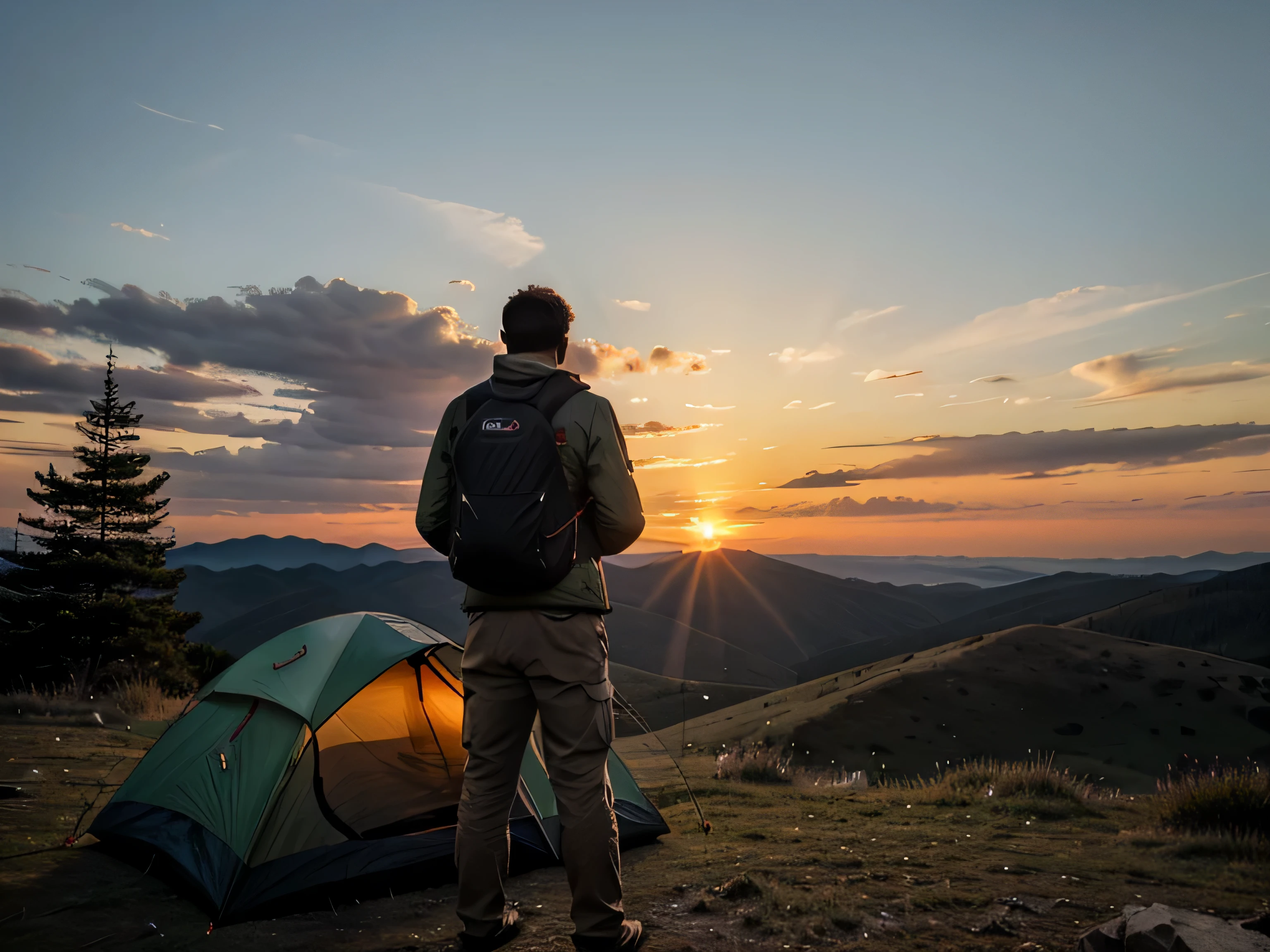 Man standing on a mountain from behind looking at the sunset at the end of the day next to a camping tent