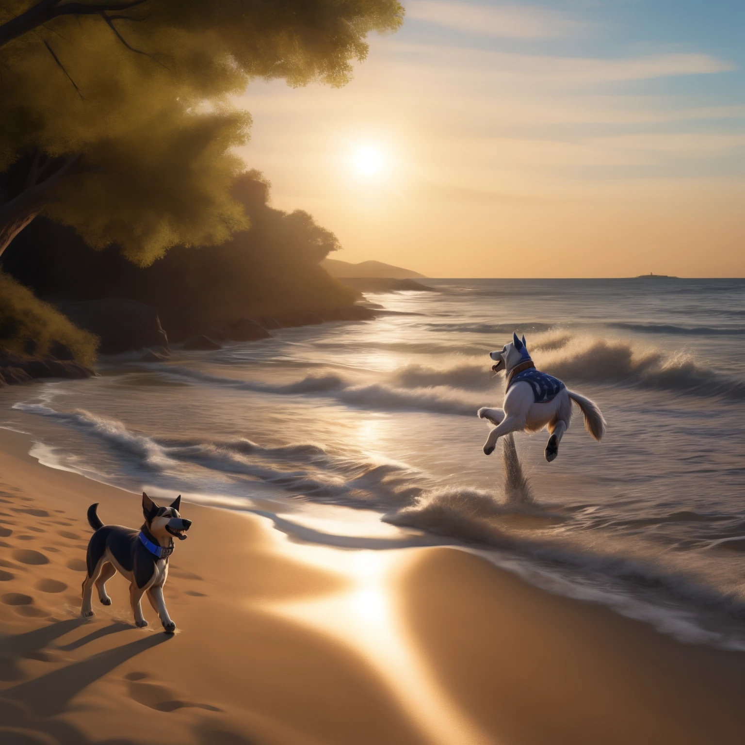 Large dogs, in their energetic run, dash along the seaside. Their paws sink into the golden sand with each stride, leaving prints behind them. The sun casts long shadows on the beach, painting intricate patterns on the sand. The large dogs' fur glistens in the sunlight, reflecting the bright and clear waters of the sea. In the background, a serene and detailed scene unfolds: the tranquil water gently laps against the shoreline, creating a rhythmic symphony; a tree stands tall, its leaves rustling in the gentle breeze. The overall atmosphere is joyful and playful, as the large dogs continue their exhilarating race, their tongues out and tails wag