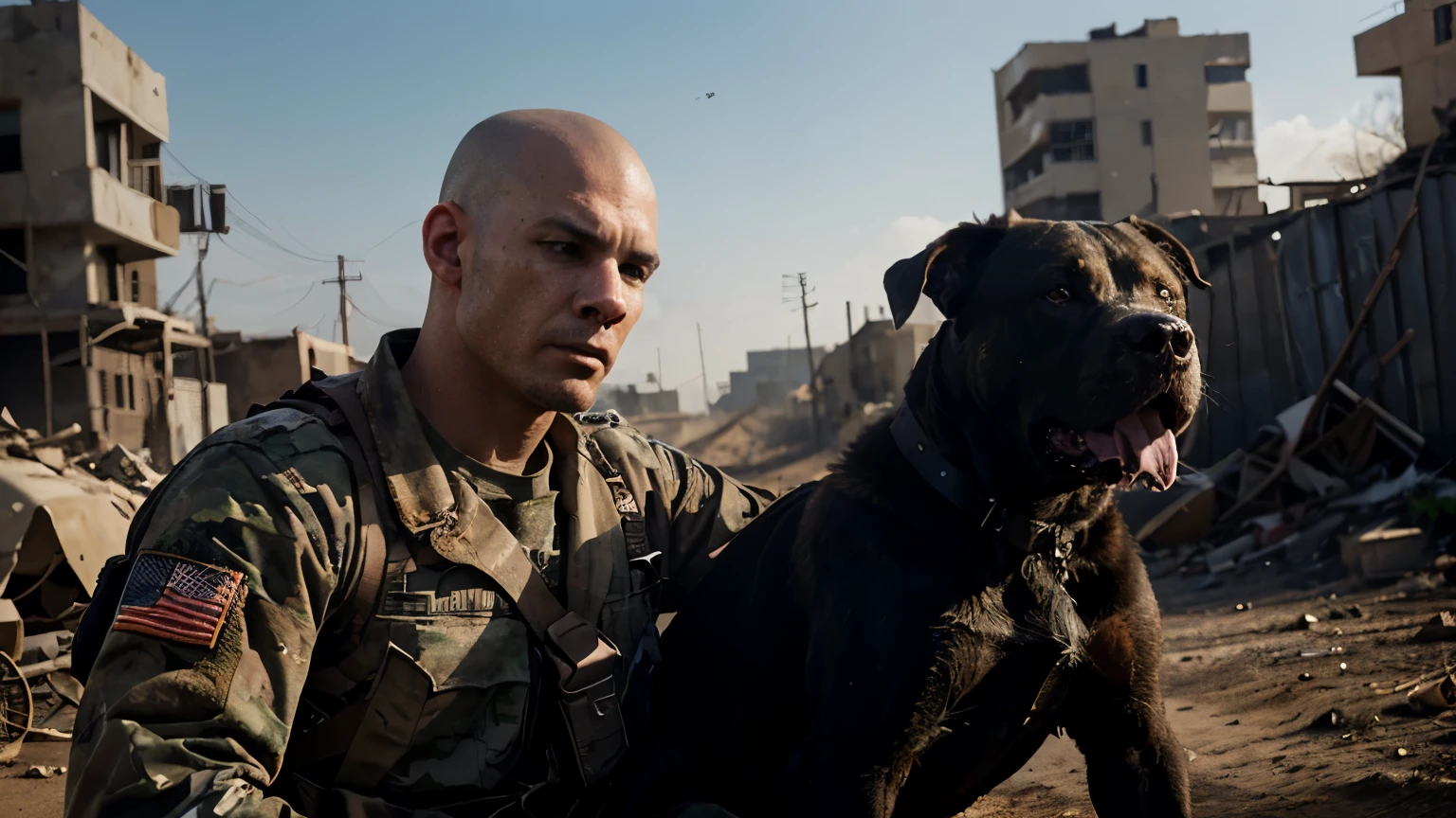 FULL SHOT, FRONT VIEW FACING THE CAMERA ACTOR WILL SMITH EQUIPPED IN MILITARY UNIFORM ARMED WITH AUTOMATIC RIFLE WALKING THROUGH THE RUINS OF NEW YORK A SHEPHERD DOG WALKS NEXT TO HIM AND A MAN MUTANT IS WATCHING FROM THE WINDOW, DRAMATIC AND LIGHT, POST-APOCALYPSE ATMOSPHERE, SUPER HIGH RESOLUTION, SUPER FINE FOCUS, BEST QUALITY, 32K, HDR, STEVE MCCURRIE STYLE, HYPER PHOTOREALISM