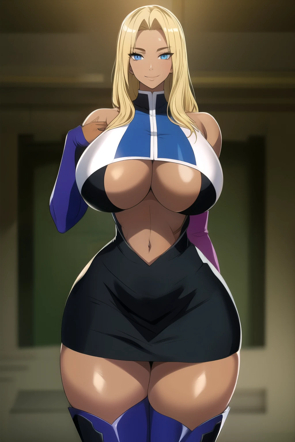 masterpiece, best quality, absurdres, 8k, perfect shadows,perfect lighting,hdr, cowboy shot,shiny skin,skindentation, beautiful body, NamiFinal, ((blonde hair: 1.4)), long hair, blue eyes, (crop top, underboob, elbow gloves, thigh boots, split skirt, bare shoulders, curvy, midriff, curvy, thighs, higheels, shiny clothes), complex detailed background, inside, luxury palace) (gigantic breasts,hourglass body, thin waist,very slim waist)extremely detailed face,detailed eye makeup, detail face, nice detailed eyes,nice hands, perfect hands (realistic pupils,realistic iris:1) heavy eye makeup,glowing eyes, Bright eyes,standing,standing at attention,(seductive smile), gigantic breasts, curvy, (( tan skin: 1.1))
