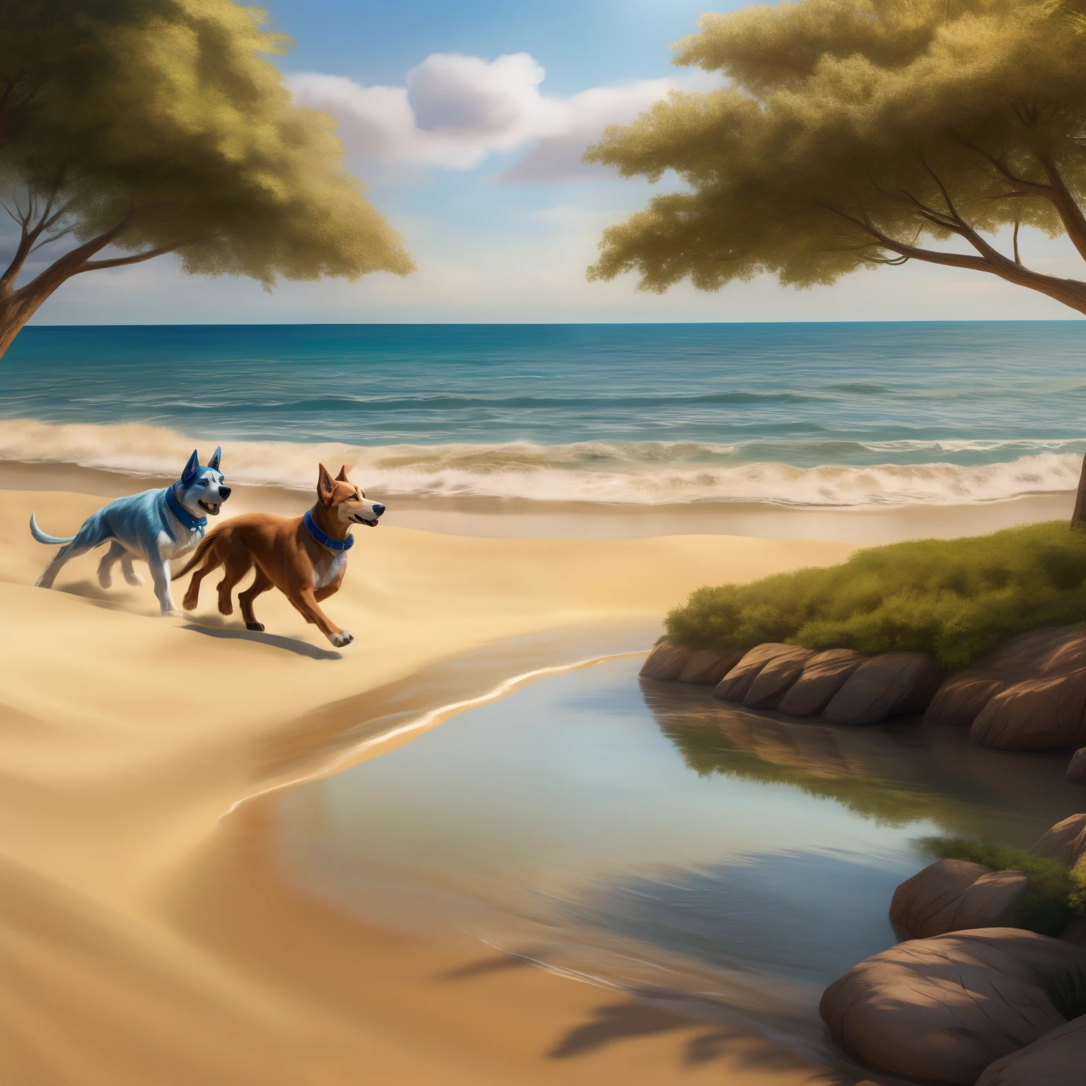 Large dogs, in their energetic run, dash along the seaside. Their paws sink into the golden sand with each stride, leaving prints behind them. The sun casts long shadows on the beach, painting intricate patterns on the sand. The large dogs' fur glistens in the sunlight, reflecting the bright and clear waters of the sea. In the background, a serene and detailed scene unfolds: the tranquil water gently laps against the shoreline, creating a rhythmic symphony; a tree stands tall, its leaves rustling in the gentle breeze. The overall atmosphere is joyful and playful, as the large dogs continue their exhilarating race, their tongues out and tails wag