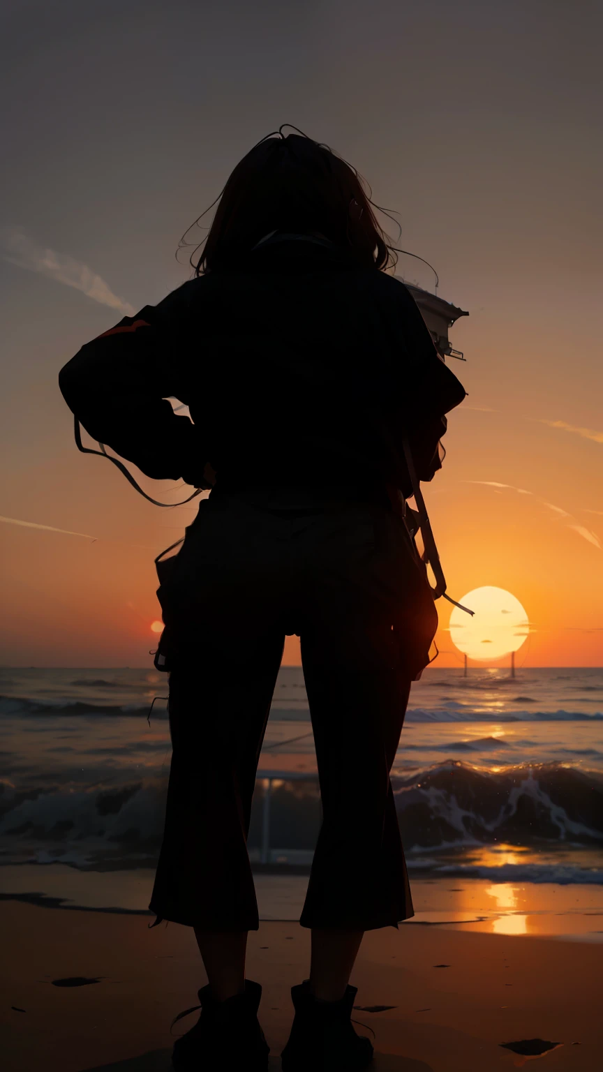 카메라를 등지고 sunset 때 해변에 서 있는 아라페드 여성, sunset을 보는 소녀, sunset과 함께, sunset에, sunset과 함께, sunset, 아름다운 sunset에, sunset에, the sun behind her, sunset을 바라보며, sunset 동안, sunset 시간, sunset을 바라보며, sunset을 보면서, 허리 - 총vivid colors, soft focus, light leak, dreamlike atmosphere, experimental charm, Nostalgic charm BREAK color field painting, various colors, abstract expressionism, Bold colors, emotional impact, atmospheric depth, MINIMALIST APPROACH BREAK, pretty girl, UHD (ultra detail) Looking at viewers wearing hip-hop style streetwear, different, colorful, long, heavily dyed hair 🌈, dark clothes, White stardust in dark areas, absurd, high resolution, very detailed, (1 woman : 1.3), vivid colors, soft focus, light leak, dreamlike atmosphere,