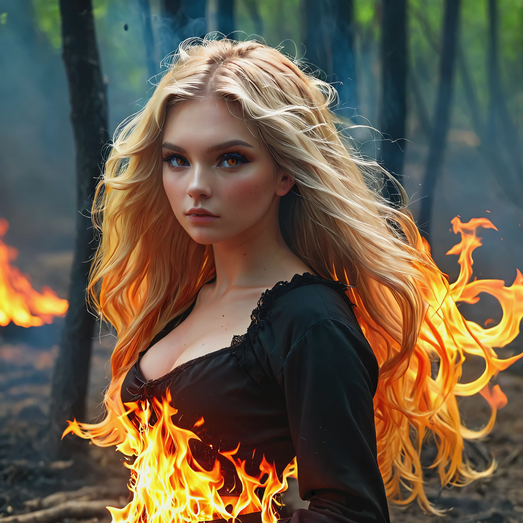 Blonde with long hair, witch burned by fire