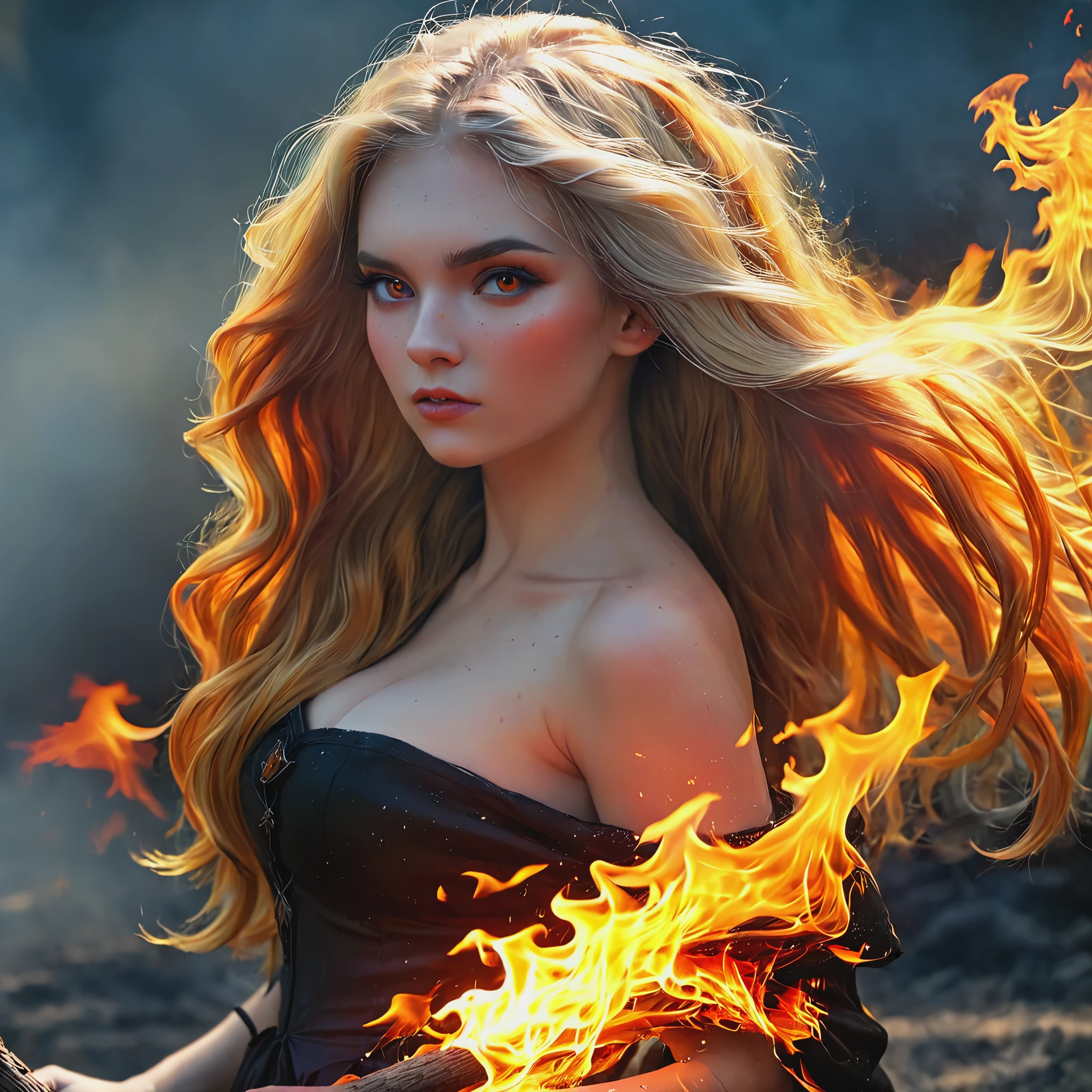 Blonde with long hair, white witch burned on fire
