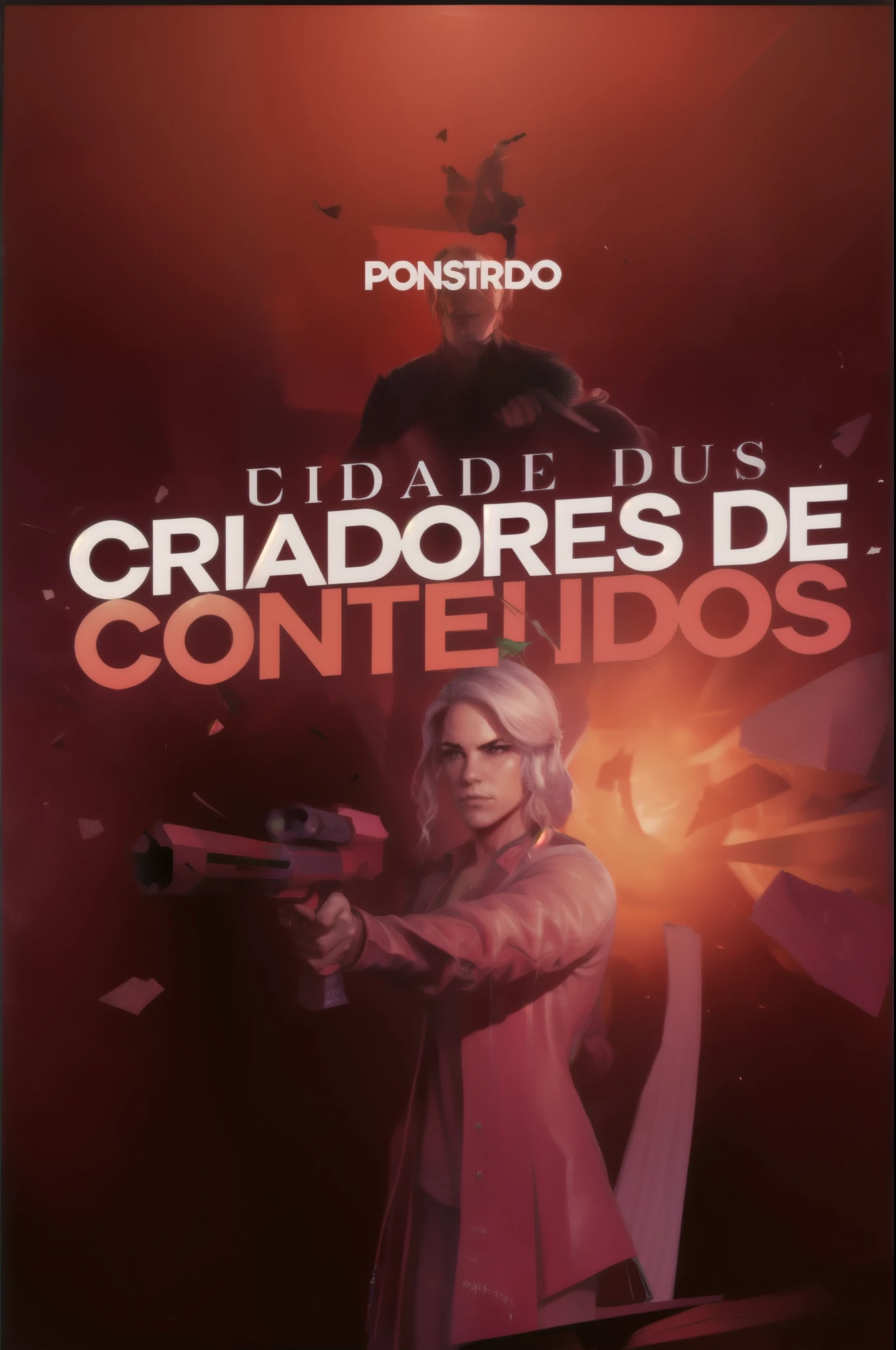 there is a poster with a woman holding a gun, powder Nándor Katona, by André Castro, por Joze Ciuha, by Cesar Andrade Faini, cgnode, by Nadir Afonso, by João Artur da Silva, Centralede, random content, by Cândido Bido, contraposto