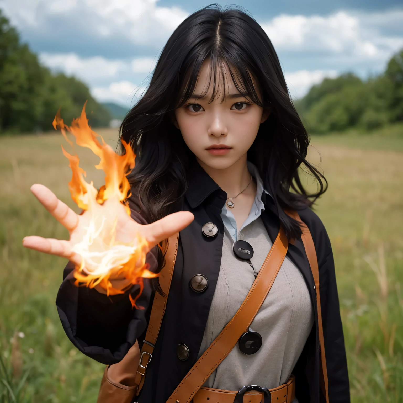 A beautiful -year-olrl wiblack hair, standing in a grassland area, dressed in modern clothing, with an angry expression, thrusting one hand forward, producing magical flames in that hand.