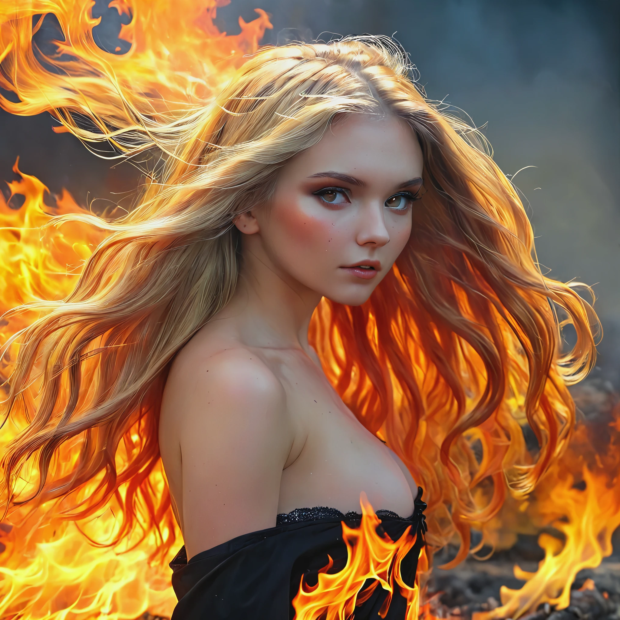 Blonde with long hair, witch burned by fire