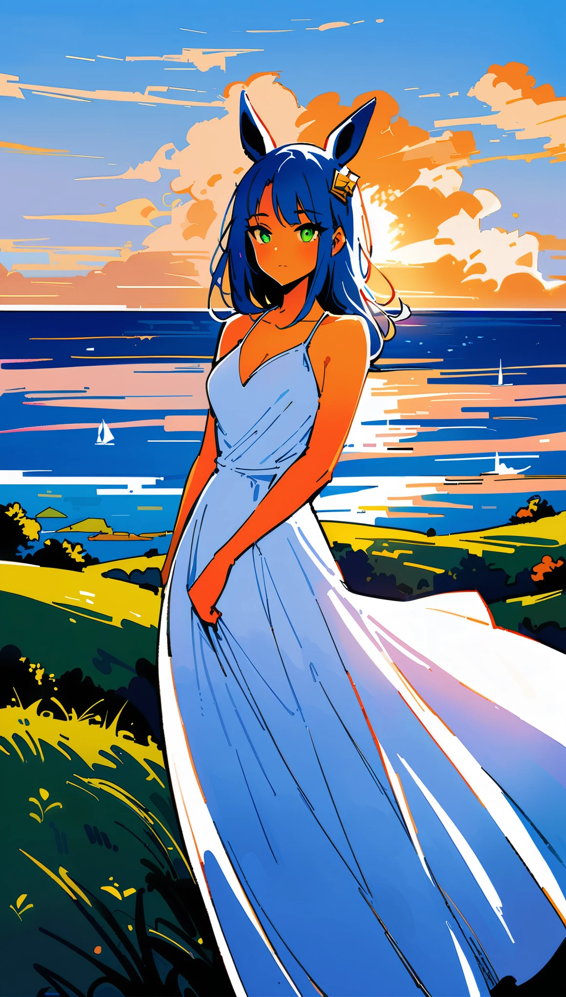 ((masterpiece, Best quality)),(illustration),(detailedworld),((very gentle and beautiful)),1 girl,GodolphinArabic,long hair,blue hair,green eyes,horse ears,horse girl,hair_ornament,White dress, bare shoulders, ,Without sleeves,Evening Dress,long dress,on open air, world,Blue sky, Horizon, meadow, wild