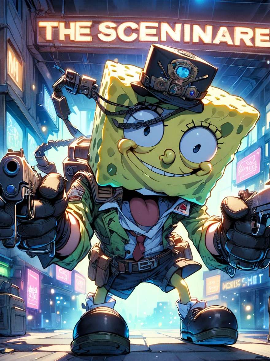 1 SpongeBob SquarePants，Holding a Desert Eagle pistol in both hands，aim at you，The scene is illuminated by blue lights