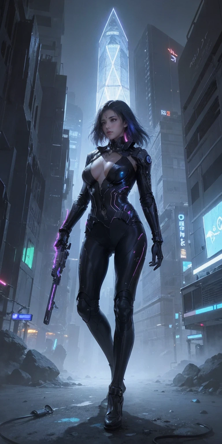 (bright colors,neon lights,The art of math,cyberpunk:1.1,dark atmosphere,in the style of futuristic),Extremely detailed cityscapes,Glowing skyscrapers and billboards,High-tech products and holographic displays,People with augmented reality device implants,Wearing futuristic clothes,Dynamic action and movement,Rain-soaked streets reflect colorful lights,Hovering vehicles and flying drones,Sharp and angular architectural design,stylized and abstract elements,Mysterious and eerie atmosphere,Emphasize the contrast between light and shadow