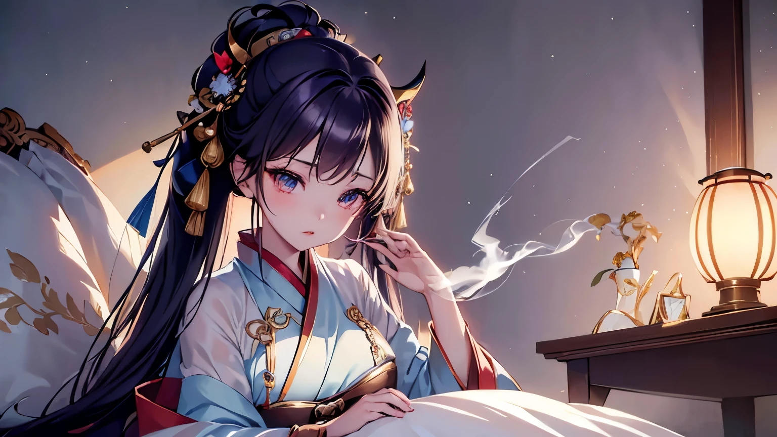 (masterpiece), (highest quality), Illustration of a girl wearing red lipstick、Oiran, anime、 1. **fashion**: She is wearing a slightly open Japanese yukata or kimono., 2. **hairstyle on**: Her hair is long, Her hair color is platinum blonde, Transparent and shiny hair, 3. **Features**: (Big yellow crystal eyes), 柔らかい顔立ちを持つ女の子のFeatures、beautiful、warm atmosphere, bewitching beatie, beautiful, sad expression, have a smoking pipe, thinking about her boyfriend, turn to the audience, 4. **With accessories**:Accessories play an important role in expressing her feelings, By carefully drawing accessories down to the smallest detail、You can add personality to your character. (reasonable design, clear lines, High sharpness, highest quality, very detailed, masterpiece, movie lighting effects, 8K), (3D), Moonlit night in the background, images for youtube