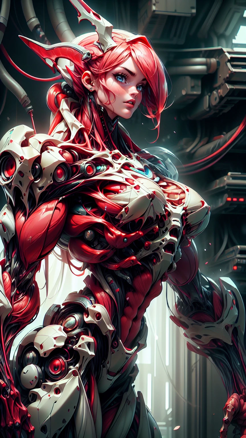 Cinematic, clear facial features and insanely detailed, the image captures the essence of (1 girl), (megan fox:1.25), (long red hair), (carnage skinless physique:1.25), (1 super muscular undead skinless succubus with gigantic horns:1.25), (covered in red necrotic rotting skinless muscle:1.25), (exposed muscles & veins everywhere:1.25), (perfect fingers:1.25) (full body pose:1.25). The color grading is beautifully done, enhancing the overall cinematic feel. Unreal Engine makes her appearance even more mesmerizing. With depth of field (DOF), every detail is focused and accentuated, drawing attention to her eyes and hair. Peak image resolution utilizing super-resolution technology ensures pixel perfection. Cinematic lighting enhances her aura, while anti-aliasing techniques like FXAA and TXAA keep the edges smooth and clean. Adding realism to the muscular bio-mecha succubus , RTX technology enables ray tracing. Additionally, SSAO (Screen Space Ambient Occlusion) gives depth and realism to the scene, the girl's presence even more convincing. In the post-processing and post-production stages, tone mapping enhances the colors, creating a captivating visual experience. The integration of CGI (Computer-Generated Imagery) and VFX (Visual Effects brings out her demonic features seamlessly . Incredible level of detail, with intricate elements meticulously crafted, the artwork hyper maximalist and hyper-realistic. Volumetric effects add depth and dimension, with unparalleled photorealism. 8k resolution rendering ensures super detailed visuals. The volumetric lighting adds a touch of magic, highlighting her beauty and aura in an otherworldly way. High Dynamic Range (HDR) tech makes the colors pop, adding richness to the overall composition. Ultimately, this artwork presents an unreal, yet stunningly real portrayal of an incredibly beautiful bio-mecha succubus girl. The sharp focus ensures that every feature is crisply defined, creating a captivating presence. (girl face:1.45)