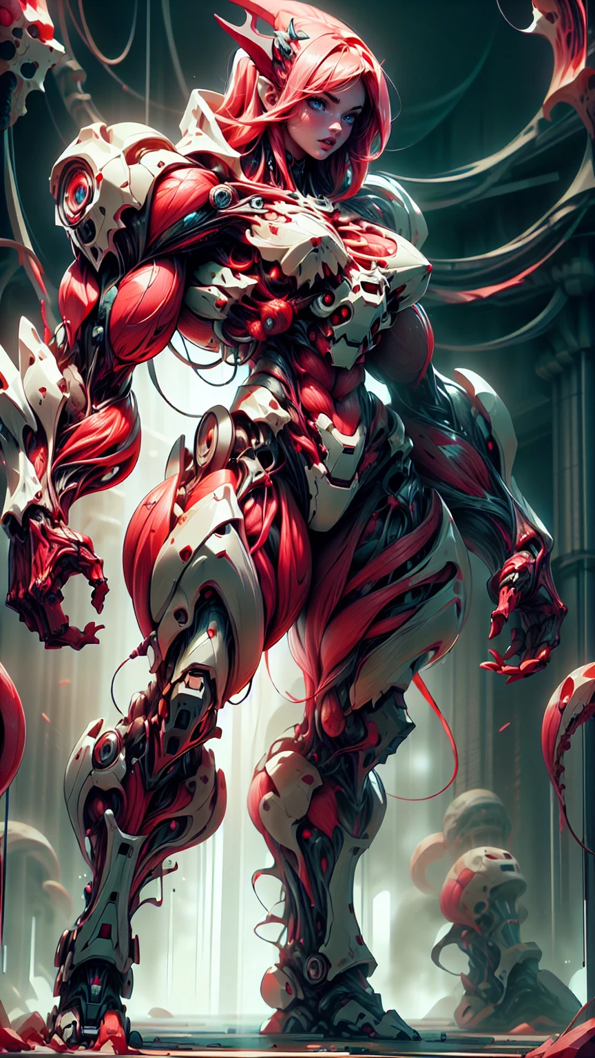 Cinematic, clear facial features and insanely detailed, the image captures the essence of (1 girl), (megan fox:1.25), (long red hair), (carnage skinless physique:1.25), (1 super muscular undead skinless succubus with gigantic horns:1.25), (covered in red necrotic rotting skinless muscle:1.25), (exposed muscles & veins everywhere:1.25), (perfect fingers:1.25) (full body pose:1.25). The color grading is beautifully done, enhancing the overall cinematic feel. Unreal Engine makes her appearance even more mesmerizing. With depth of field (DOF), every detail is focused and accentuated, drawing attention to her eyes and hair. Peak image resolution utilizing super-resolution technology ensures pixel perfection. Cinematic lighting enhances her aura, while anti-aliasing techniques like FXAA and TXAA keep the edges smooth and clean. Adding realism to the muscular bio-mecha succubus , RTX technology enables ray tracing. Additionally, SSAO (Screen Space Ambient Occlusion) gives depth and realism to the scene, the girl's presence even more convincing. In the post-processing and post-production stages, tone mapping enhances the colors, creating a captivating visual experience. The integration of CGI (Computer-Generated Imagery) and VFX (Visual Effects brings out her demonic features seamlessly . Incredible level of detail, with intricate elements meticulously crafted, the artwork hyper maximalist and hyper-realistic. Volumetric effects add depth and dimension, with unparalleled photorealism. 8k resolution rendering ensures super detailed visuals. The volumetric lighting adds a touch of magic, highlighting her beauty and aura in an otherworldly way. High Dynamic Range (HDR) tech makes the colors pop, adding richness to the overall composition. Ultimately, this artwork presents an unreal, yet stunningly real portrayal of an incredibly beautiful bio-mecha succubus girl. The sharp focus ensures that every feature is crisply defined, creating a captivating presence. (girl face:1.45)