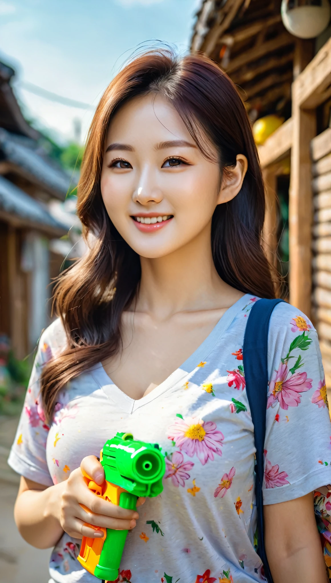 close-up shot of beautiful korean female, 36 inch breasts size, slightly smile, wearing v-neck floral t-shirt, holding mini water gun, in the village, stardust effects 