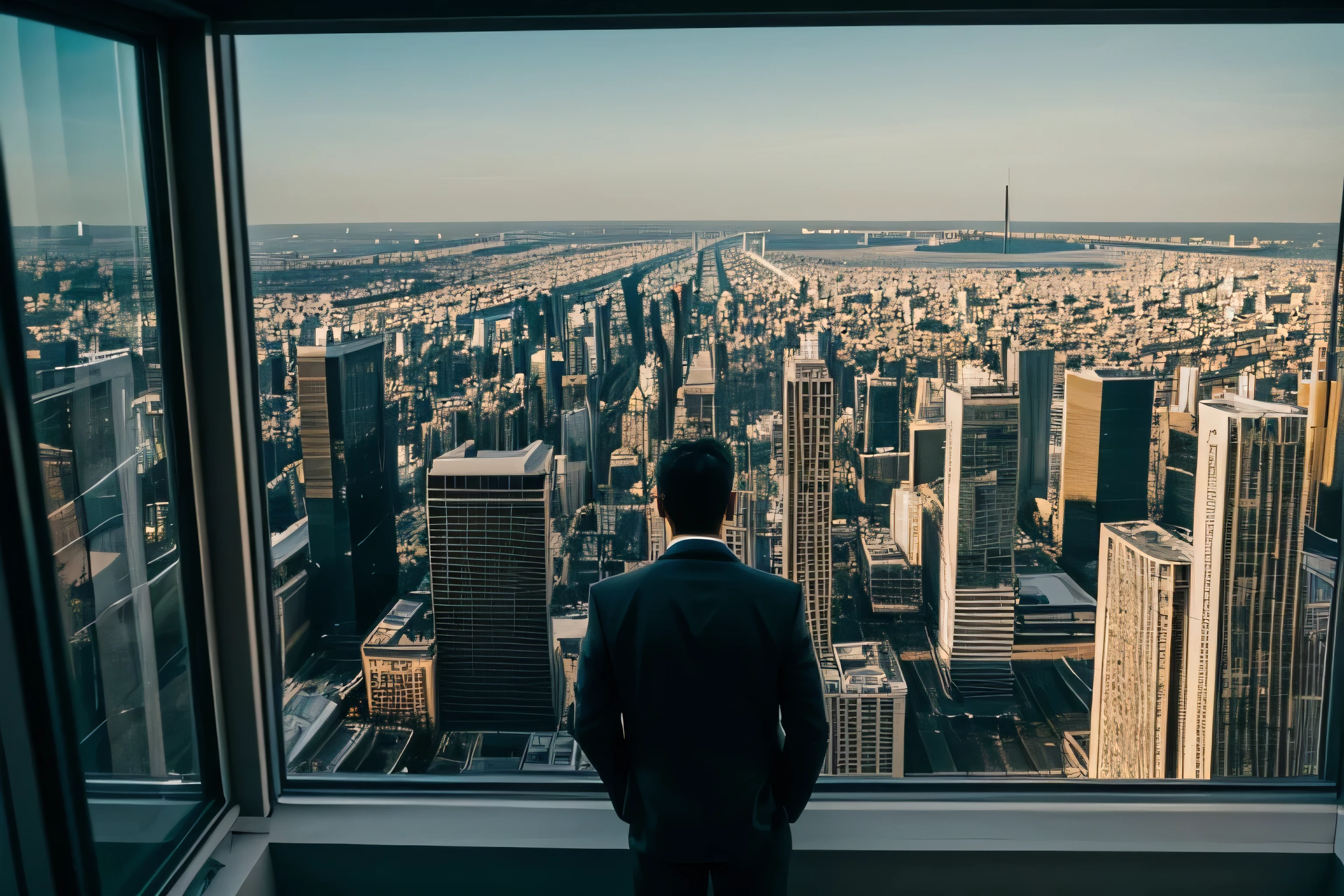 scene of a person with their back to the window of a building looking at a big city