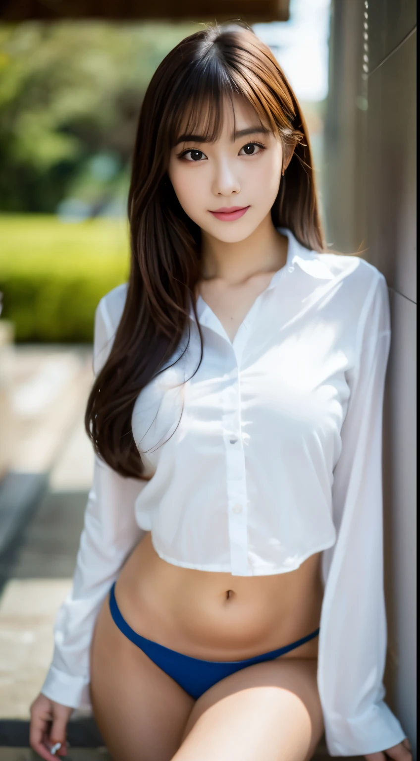 ulzzang-6500-v1.1, (Raw photo:1.2), (photorealistic), (genuine:1.4), (muste piece), A female college model in a white shirt and panties poses for a photo, sitting on the bed、wearing white clothes, smooth white tight clothing suit, tight shirt, japanese model, 2 4 year old female model, young slender gravure idol, good young girl, wearing tight shirt, Real young gravure idol, 