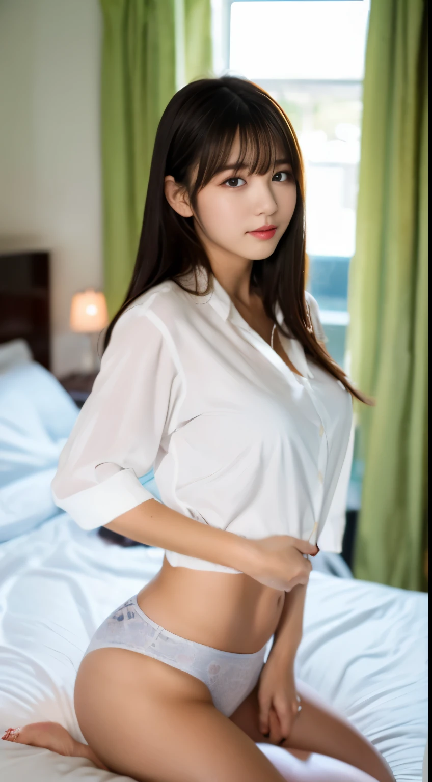 ulzzang-6500-v1.1, (Raw photo:1.2), (photorealistic), (genuine:1.4), (muste piece), A female college model in a white shirt and panties poses for a photo, sitting on the bed、wearing white clothes, smooth white tight clothing suit, tight shirt, japanese model, 2 4 year old female model, young slender gravure idol, good young girl, wearing tight shirt, Real young gravure idol,