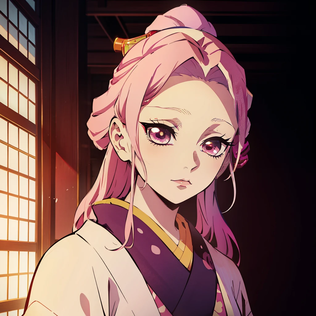 "Kimetsu no estilo Yaiba, depicts a single geisha in a splendid kimono, radiating beauty and elegance with beautiful light pink hair, capturing the essence of a graceful, modest and confident courtesan, apaixonado, chamativo e cheio de energia."
