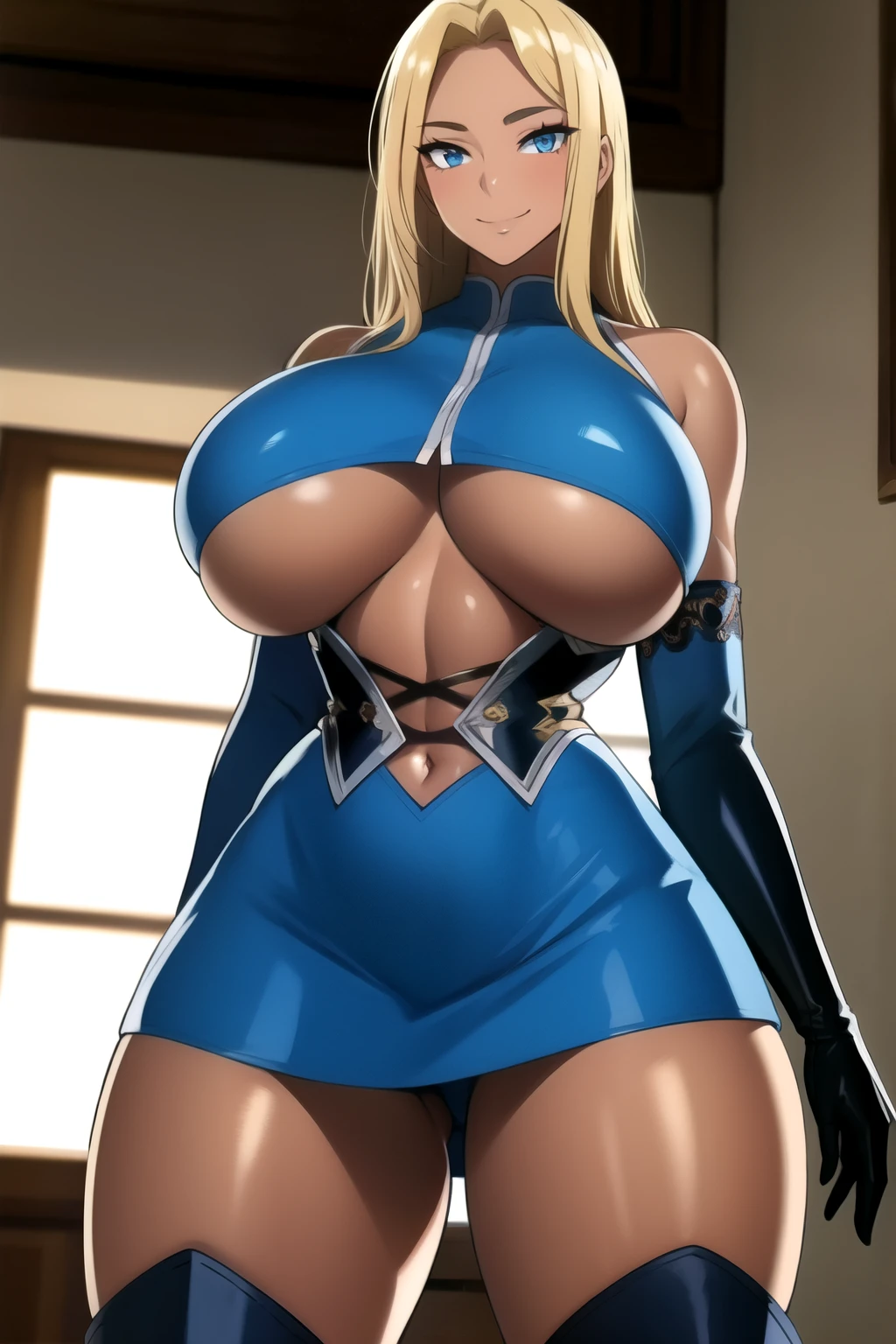 masterpiece, best quality, absurdres, 8k, perfect shadows,perfect lighting,hdr, cowboy shot,shiny skin,skindentation, beautiful body, NamiFinal, ((blonde hair: 1.4)), long hair, blue eyes,  (crop top, underboob, elbow gloves, thigh boots, split skirt, bare shoulders, curvy, midriff, curvy, thighs, higheels, shiny clothes), complex detailed background, inside, luxury palace) (gigantic breasts,hourglass body, thin waist,very slim waist)extremely detailed face,detailed eye makeup, detail face, nice detailed eyes,nice hands, perfect hands (realistic pupils,realistic iris:1) heavy eye makeup,glowing eyes, Bright eyes,standing,standing at attention,(seductive smile), gigantic breasts, curvy, (( tan skin: 1.1))