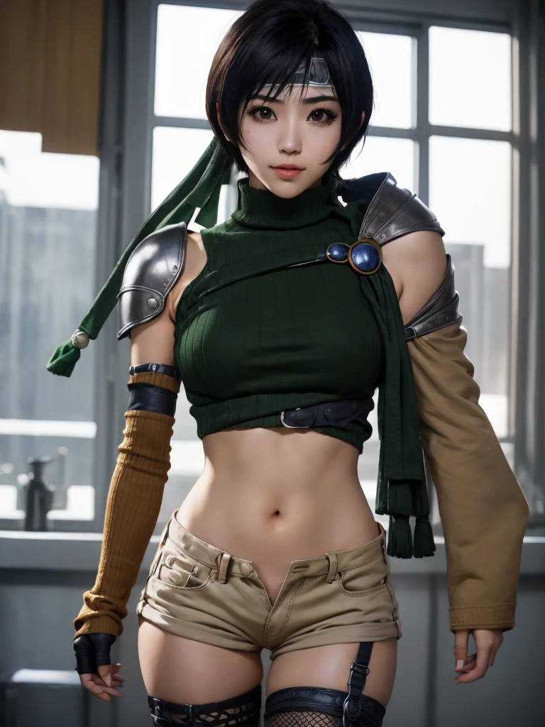 
Yuffie Kisaragi, a distinctive character from the game world of Final Fantasy, known for her black hair and brown eyes. She sports a short pixie cut and is dressed in a crop top, fingerless gloves, fishnet stockings and a forehead protector. Her style is unique with sleeveless turtlenecks and short shorts that expose her belly button. A headband completes her outfit, while single thigh-high socks and gloves complement her sleeves. Her look is completed with a sleeveless turtleneck and thigh highs. The depiction of Yuffie is presented as a masterpiece of the highest quality in an exceptionally high resolution of 8K. Her eyes are particularly highlighted, with beautiful, detailed features that enhance her hyper-realistic appearance. Both her face and body are extremely detailed, with every facet of her anatomy carefully crafted, including perfect hands and anatomy. The scene shows Yuffie in a typical cowboy shot, looking directly at the viewer. The image is placed indoors, with the lighting perfectly adjusted to bring out its details to the fullest. The overall presentation of the image is an homage to the character and his defining features, brought to life through the illustration in stunning quality and detail.