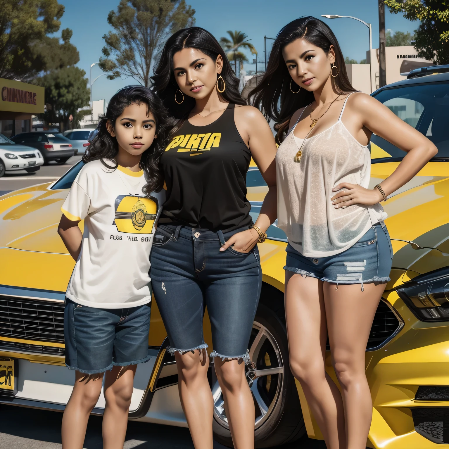 three women standing next to a yellow car in a parking lot, standing in front of lowrider, family photo, clear photo, alta qualidade, high resolution, obra-prima, 8K.