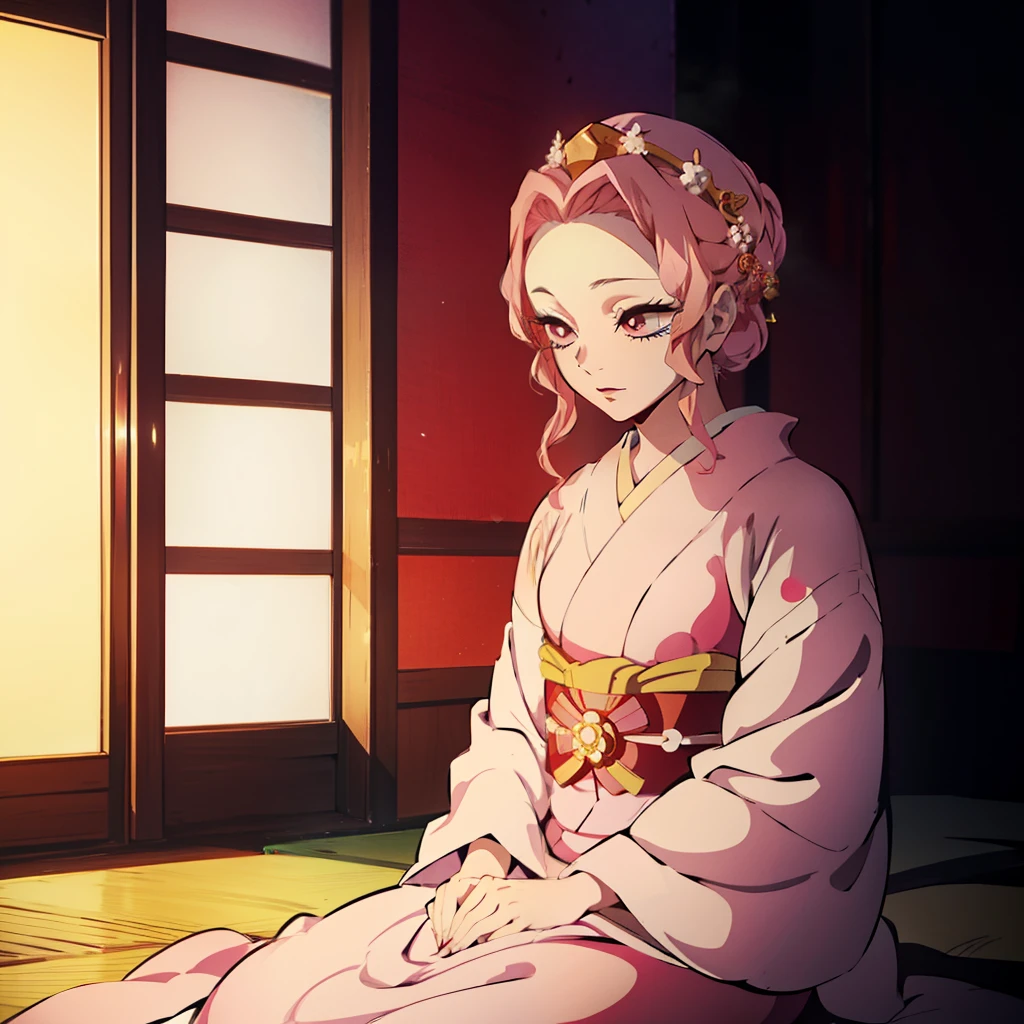 "Kimetsu no estilo Yaiba, depicts a single geisha in a splendid kimono, radiating beauty and elegance with beautiful light pink hair, capturing the essence of a graceful, modest and confident courtesan, apaixonado, chamativo e cheio de energia."