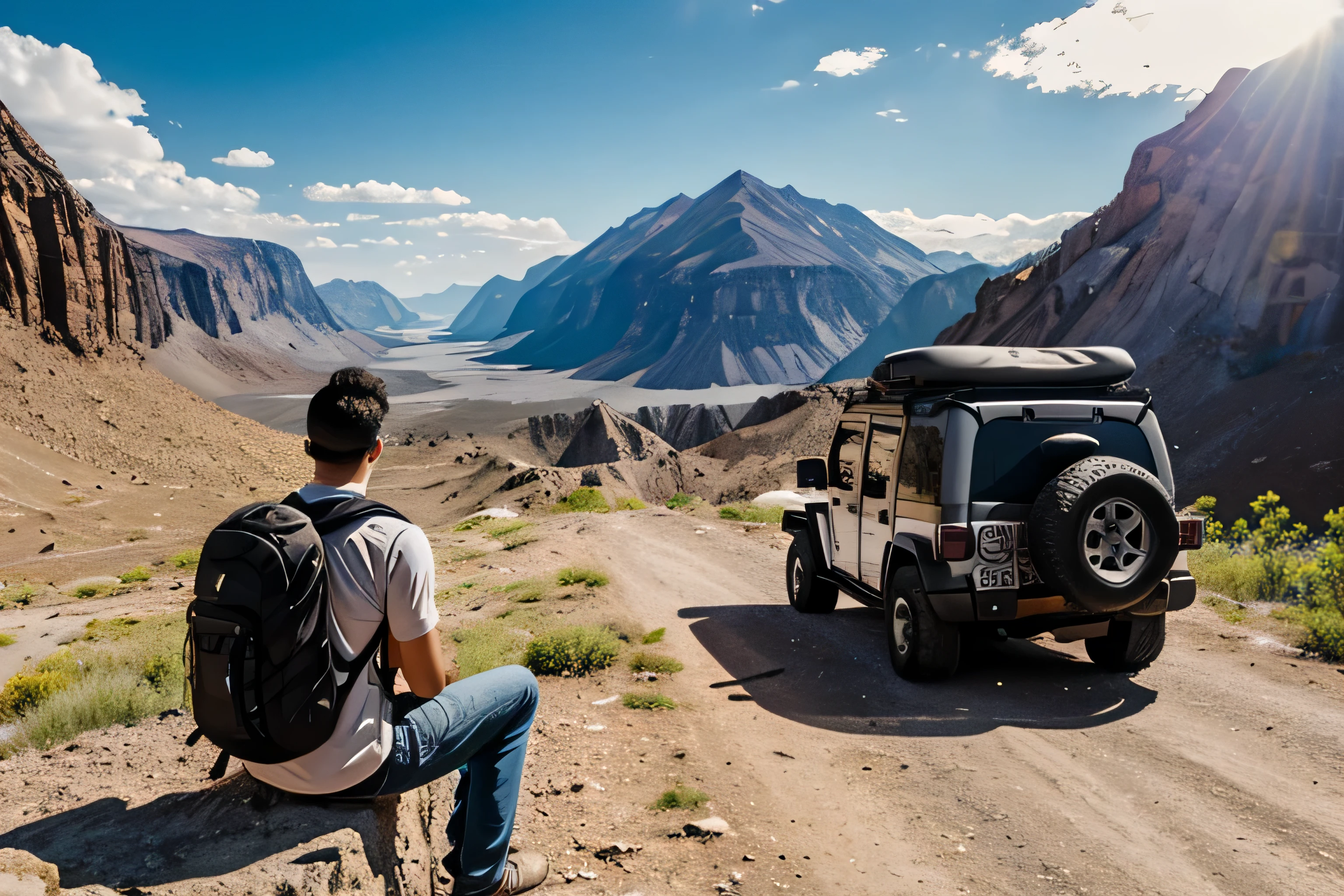 scene of a person lying on their back with a backpack sitting on top of a jeep looking at a tourist landscape