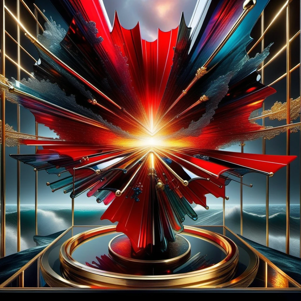Glass tabletop resting against facing tempestuous ocean, embodying "Love conquers all" through vivid red and bold black hues interwoven with gold and platinum wire work, funneling into an outer space vanishing point, fusion of Mike Davis's complexity, Xue Wang's finesse, balanced as Jacob Lawrence, dynamic as Francis Picabia, ultra HD, vivid colors, high detail, UHD pen and ink, perfect composition, intricate,  The background of the glass table stands by the stormy sea. High Quality, Masterpiece. best quality, , super detail