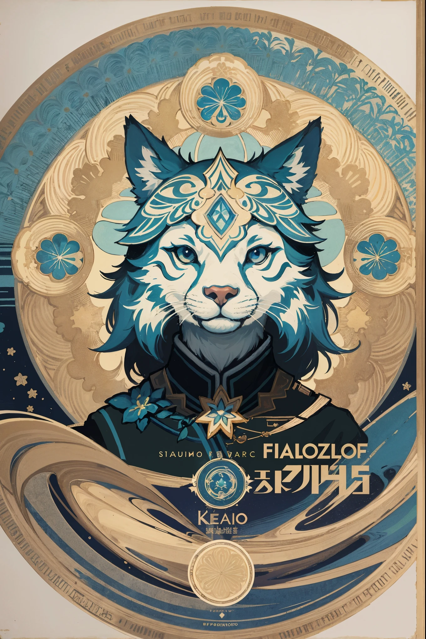 cover page, Perfume poster, kaleidoscope, rzminjourney, vector-art, High-quality illustrations by Alfons Mucha, masterpiece(kemono, furry anthro)logo mark, round, colorful flower,