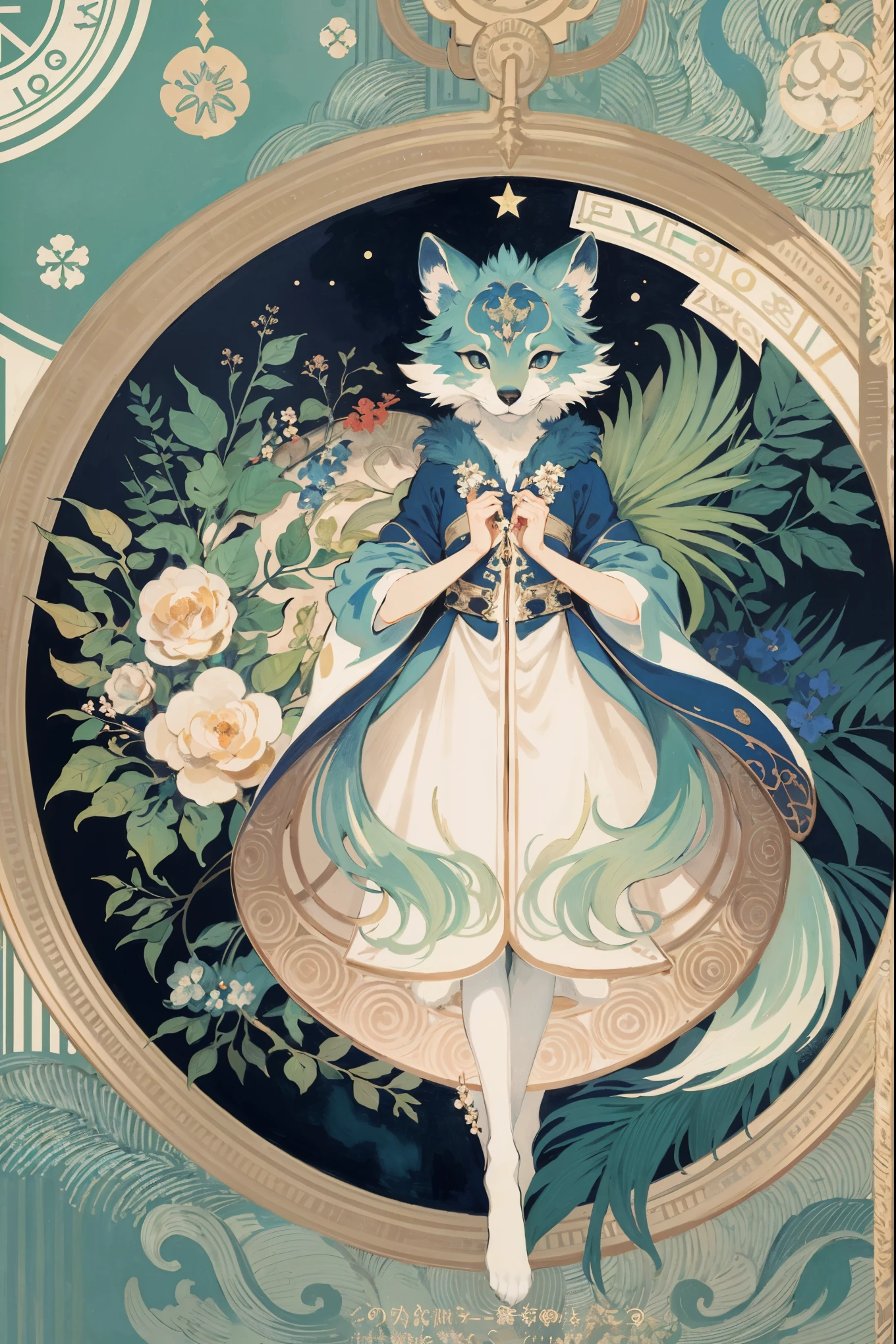 cover page, Perfume poster, kaleidoscope, rzminjourney, vector-art, High-quality illustrations by Alfons Mucha, masterpiece(kemono, furry anthro)logo mark, round, colorful flower,